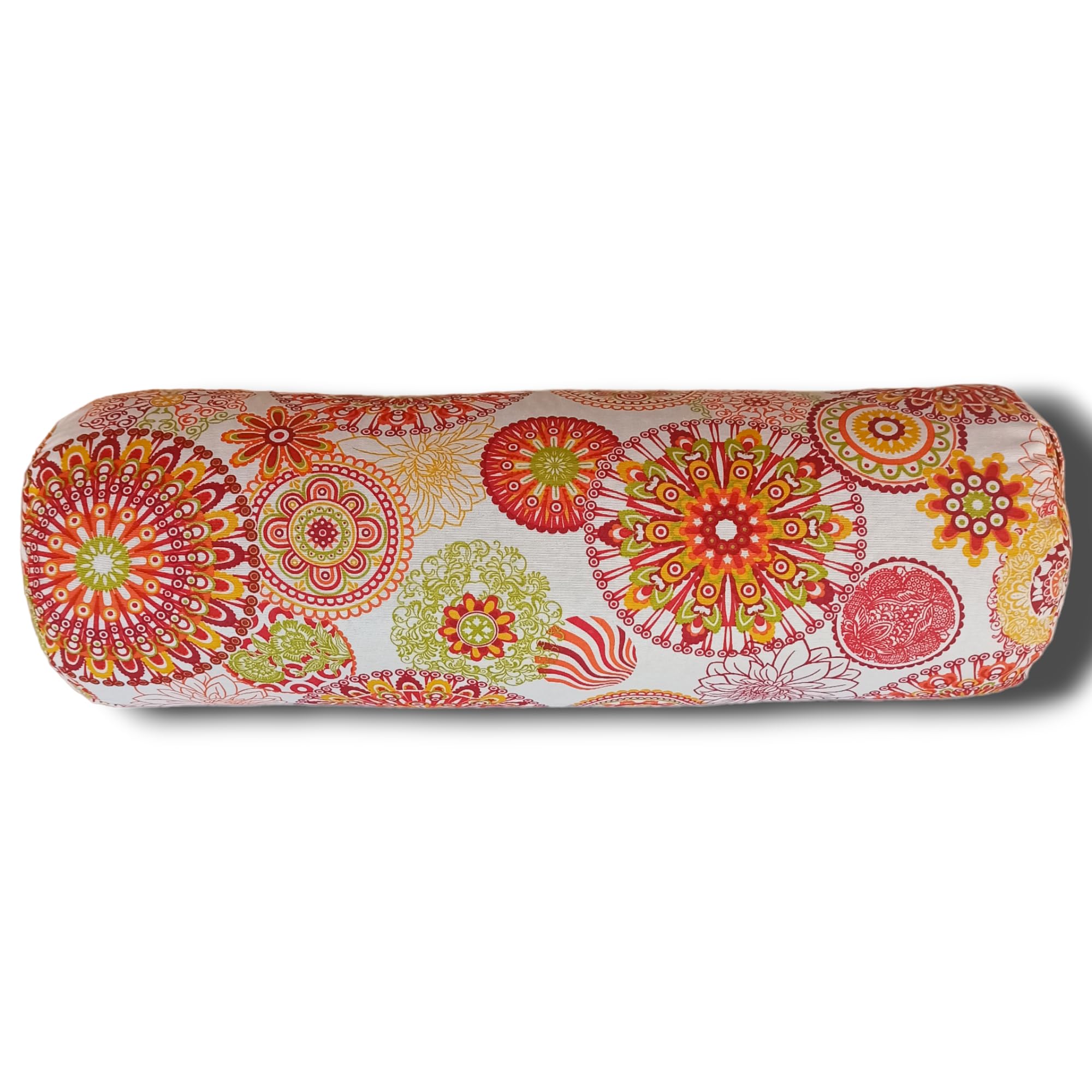 Bolster Yoga "Mandalas Naranja 2024", cojín cilíndrico, yoga accesorios, rodillo pilates, ideal para estirar espalda, relleno de cáscara de espelta ecológica, asa de transporte, 62x20cm