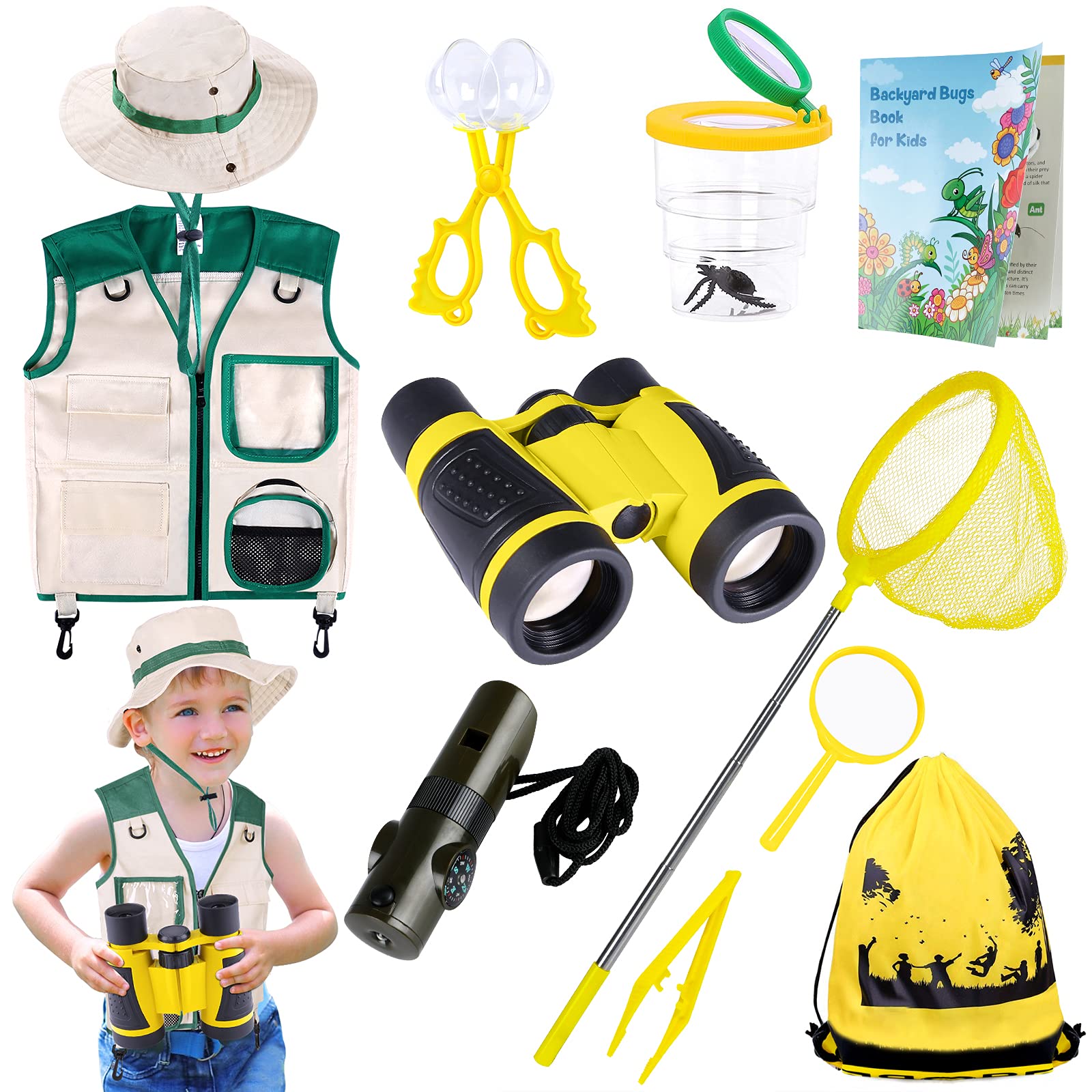 INNOCHEERExplorer Kit & Bug Catcher Kit for Kids Outdoor Exploration with Vest, Binocular, Magnifying Glass, Hand-Crank Flashlight, Whistle, Bug Collector, Bag for Boys Girls