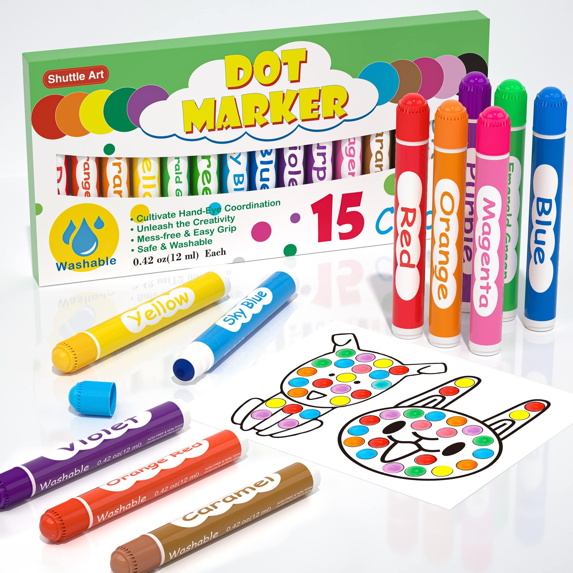 Shuttle Art Bingo Dabbers, 15 Colours Washable Dot Markers for Kids