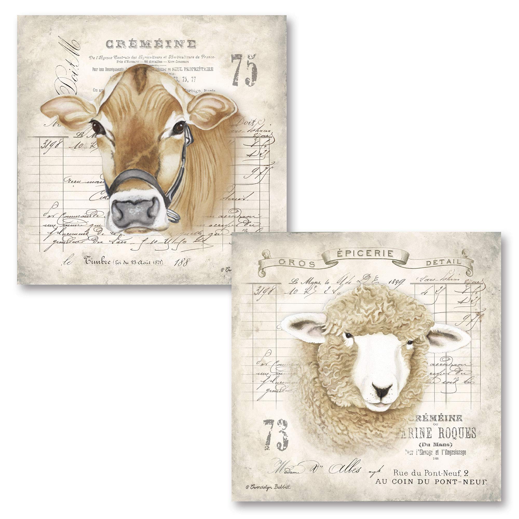 Gango Home Décor Lovely French Farm Animals Cow and Sheep; French Country Decor; Two 12x12in Paper Posters