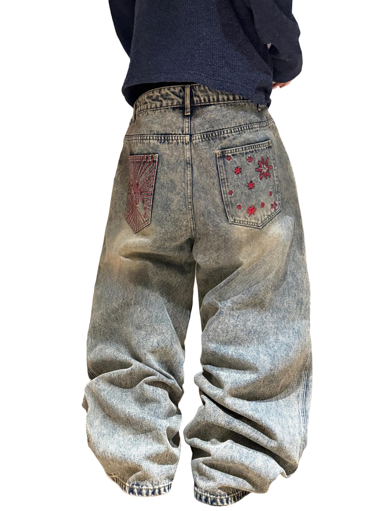 DFGIGT Men's Baggy Jeans Embroidered Wide Leg Vintage Jeans Hip