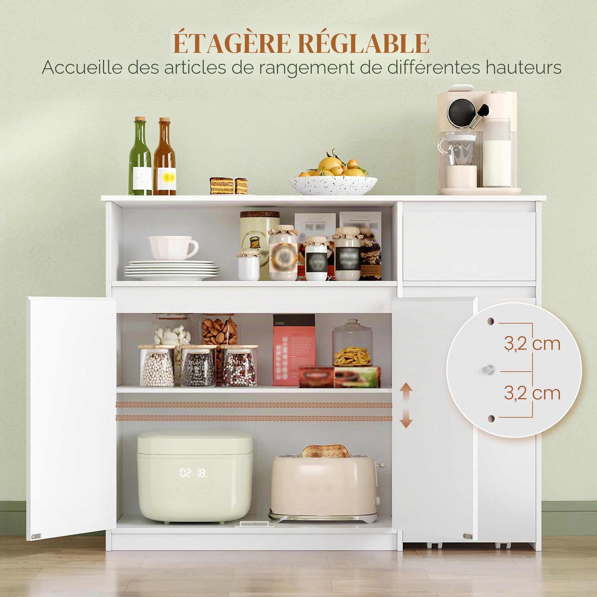 HEXCELEN Meuble de Rangement Buffet avec Chariot, Tiroirs, Étagères Réglables pour Salle à Manger, Salon, Cuisine, 35 x 100 x 80 cm, Blanc