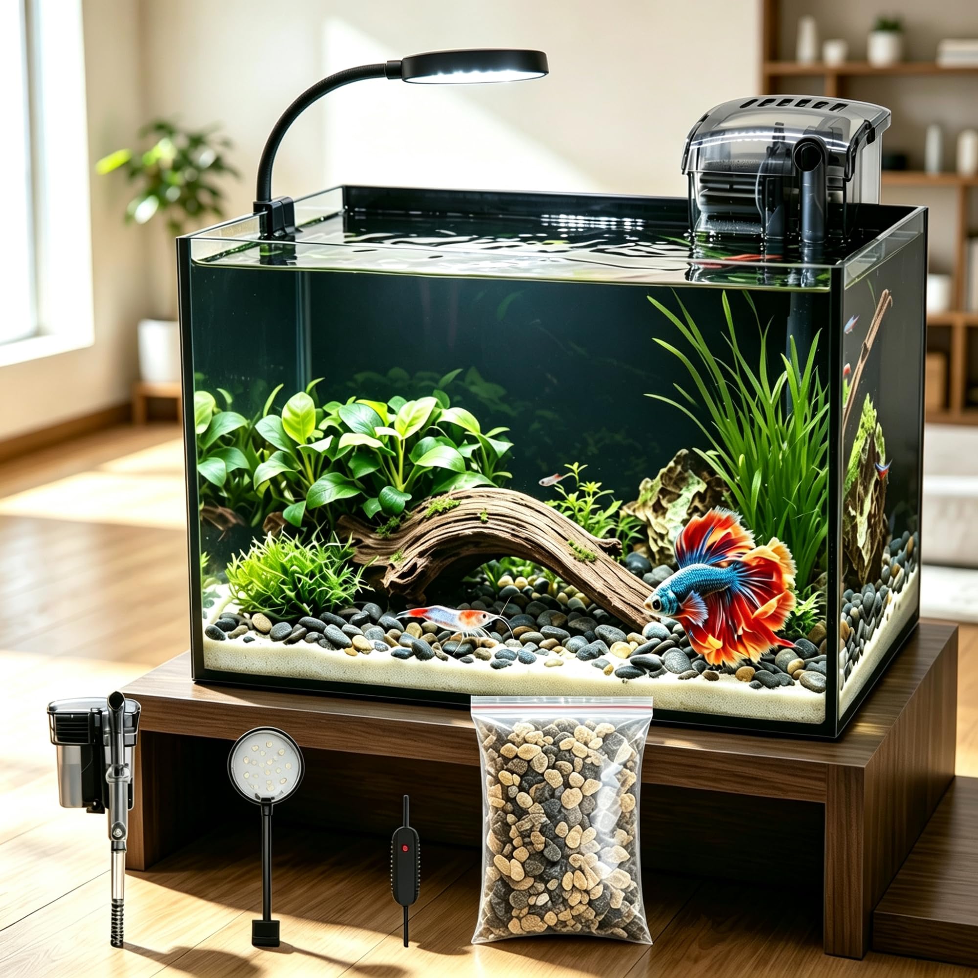Smart Fish Tank,2.8Gallon Fish Tank,Kit with LED Lights.,Rimless,Ultra-Clear Glass, Landscape Stone Included, Quiet Pump,Desktop Aquarium, Shrimp &amp; Small Fish.Fish Tank Starter kit.