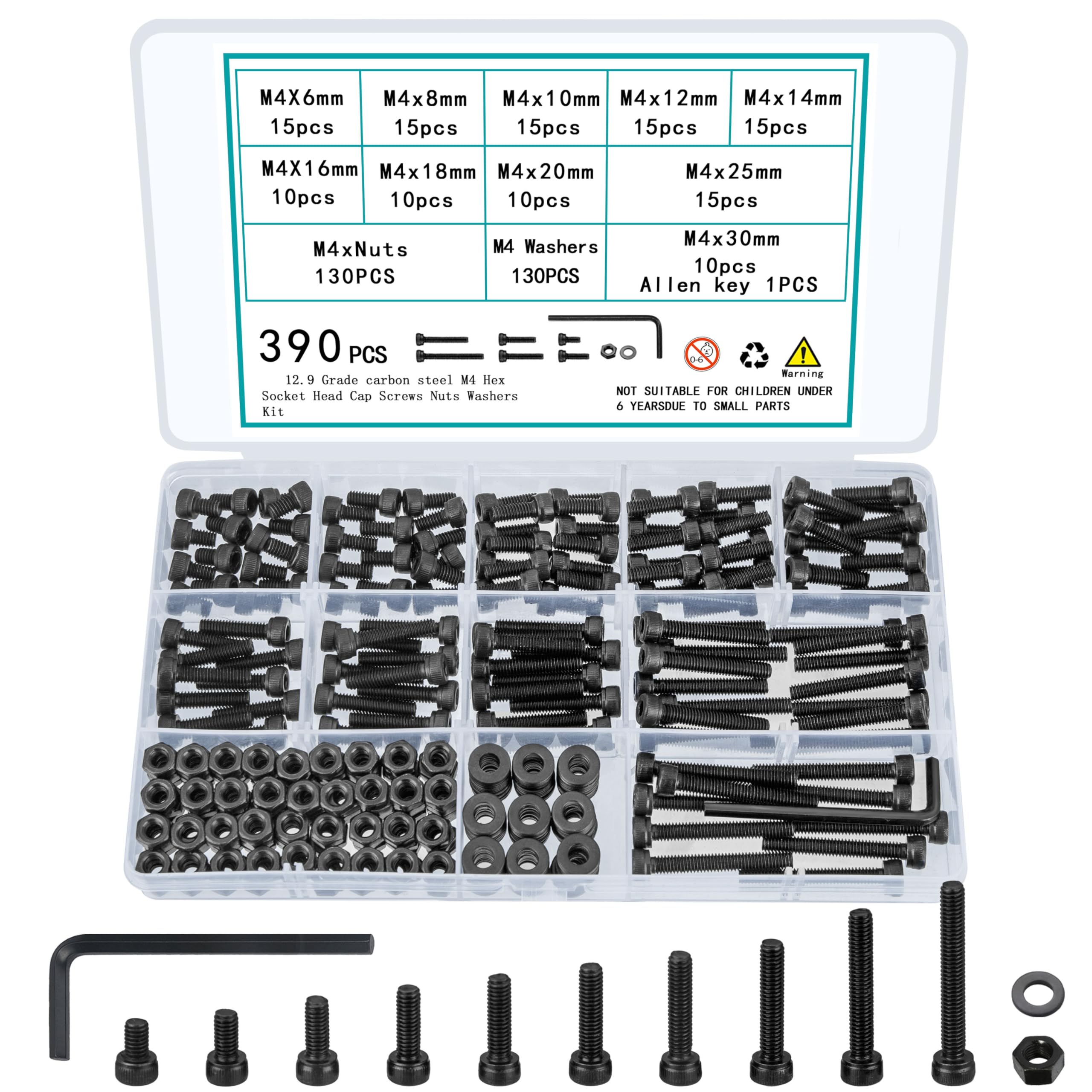 TOOINKCV 390 Pcs M4 Screws Set, M4 Bolts and Nuts Assortment Kit, Hex Socket Head Cap Screws and Washers, Assorted Nuts and Bolts, Machine Metric