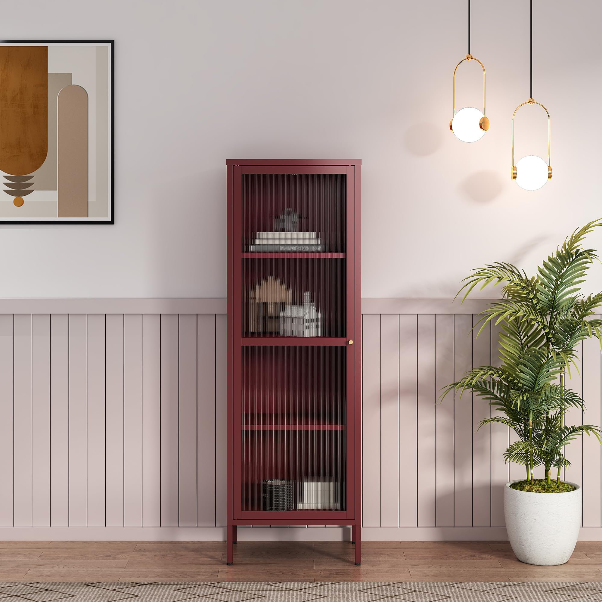[en.casa] Vitrina Säkylä Aparador para Salón Mueble Auxiliar para Comedor Cocina Dormitorio con Puerta de Cristal y 4 Compartimentos Acero 150 x 50 x 35 cm - Rojo Bordeos y Translúcido