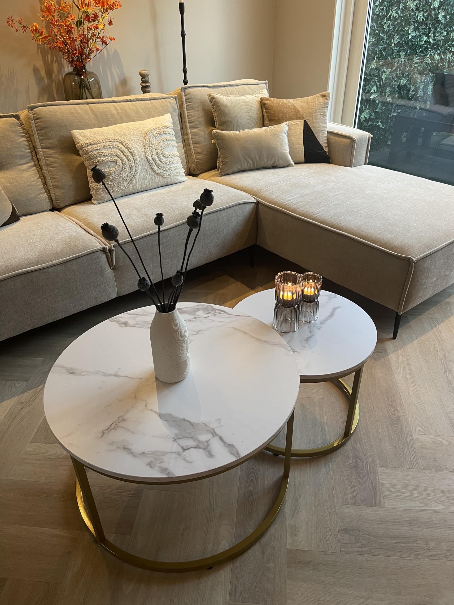 Home Heaven® Couchtisch Rund Weiss Marmor mit Gold – Runder Wohnzimmertisch 2er Set für Wohnzimmer - Ø70cm Ø50cm