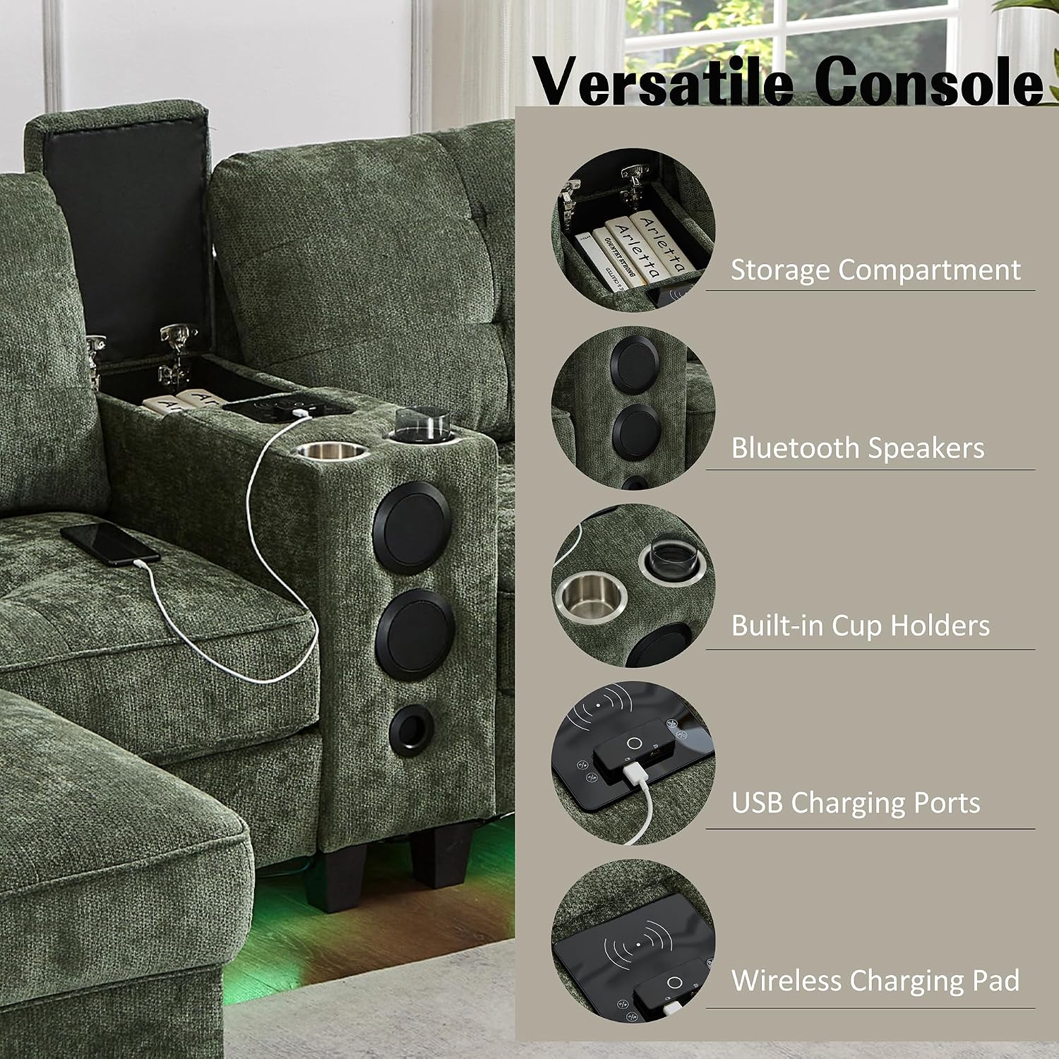 P PURLOVE Modern Sectional Sofa U-Shaped Modular Couch with Movable Storage Ottomans, Multifunctional Console, Bluetooth Speakers and LED Lights for Living Room (Green)