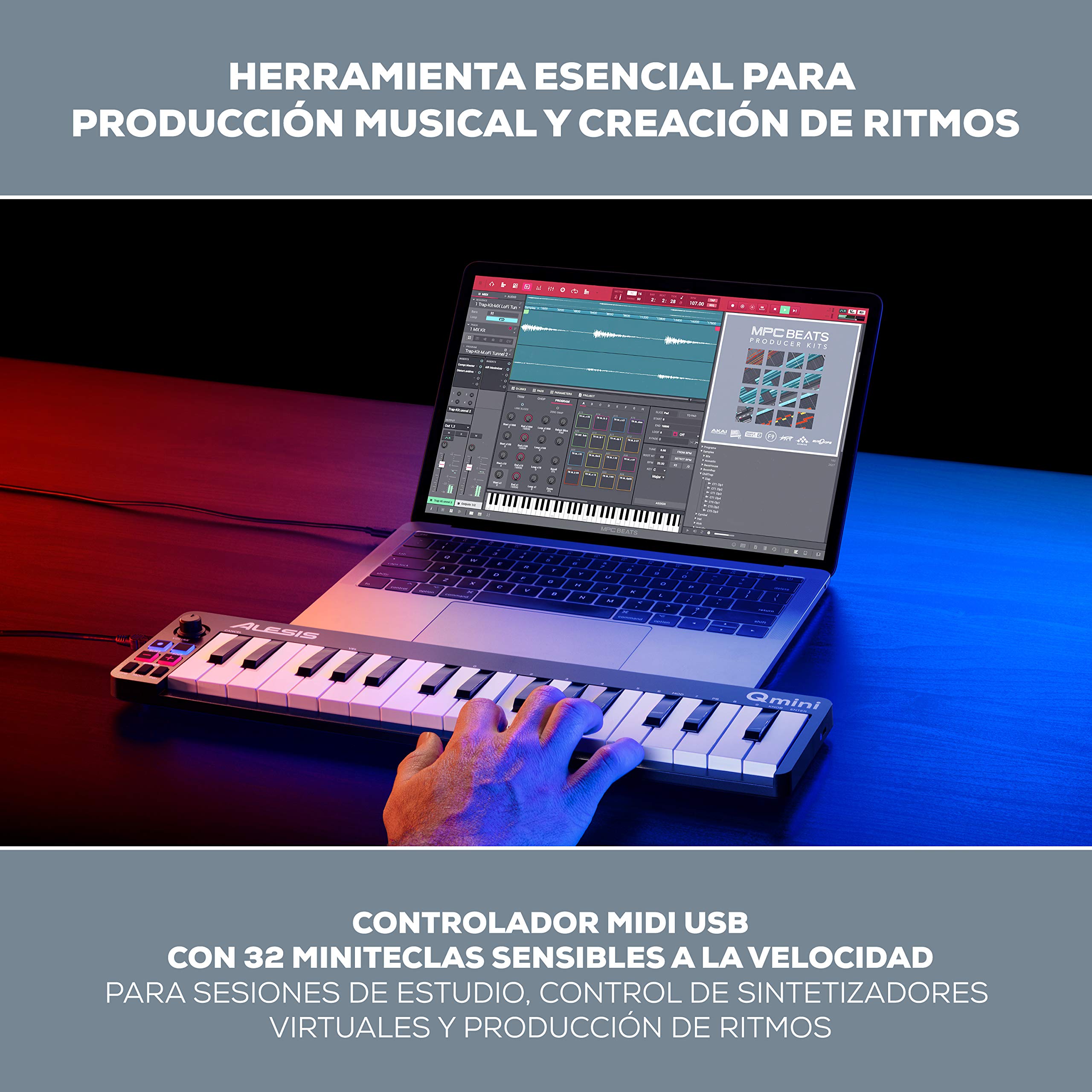 Alesis Qmini - Teclado controlador MIDI USB portátil de 32 teclas de acción sintetizador sensibles a la velocidad y software de producción musical