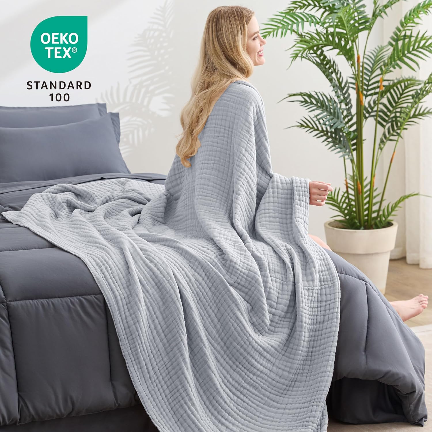 Love's cabin 6 Layer 100% Cotton Muslin Blanket, 108"x90" Muslin King Size Blanket for Bed Couch, Lightweight and Breathable Cotton Gauze, Light Grey - Image 3