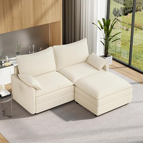 Vesgantti 74" Loveseat Cloud Couch with Ottoman, Comfy Sofa Deep Seat Chenille Modern 2 Seater with Armrest Pillow, Easy Assembly Small Loveseat Sets Couches for Living Room, Apartment, Beige