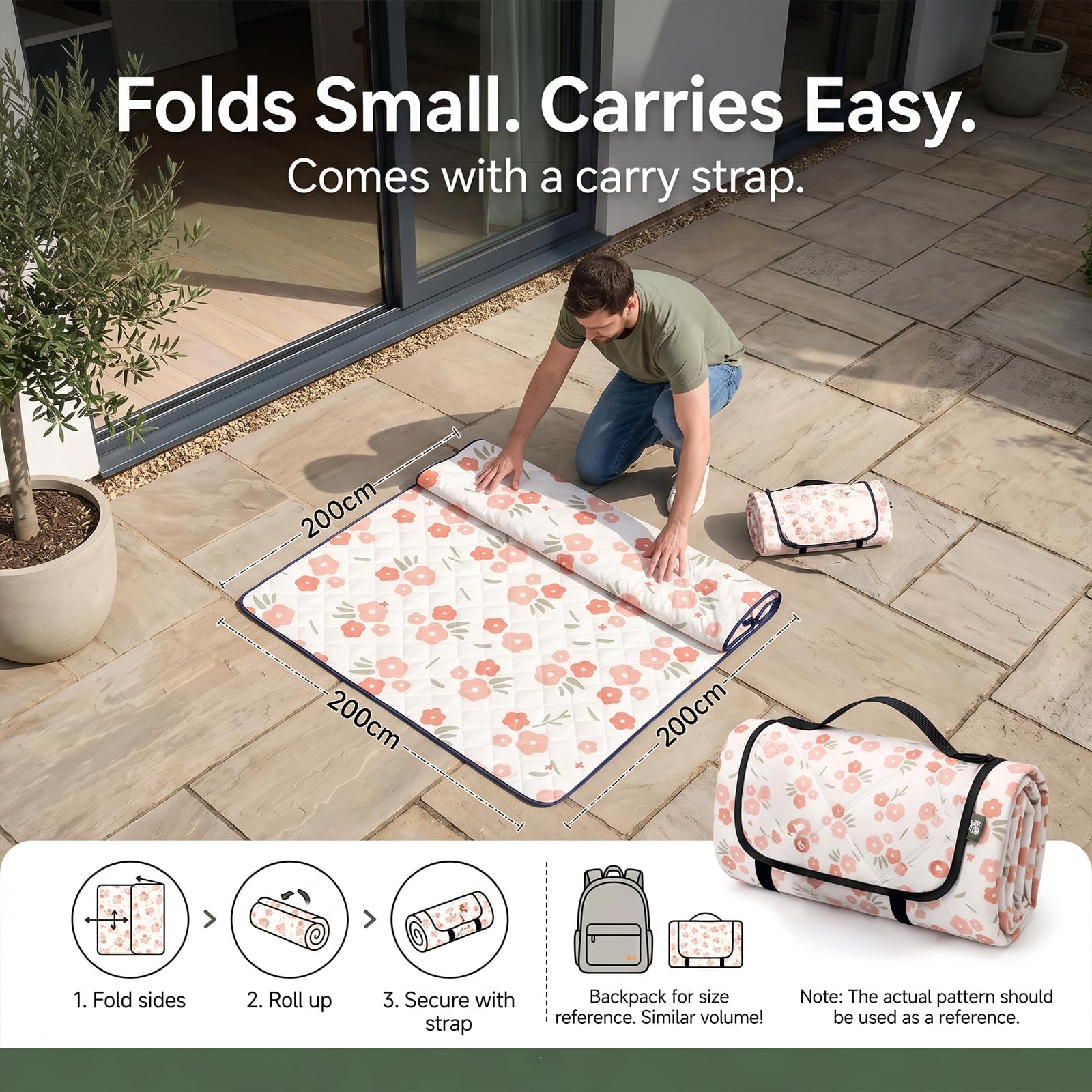 Picknickdecke Wasserdicht, Pikncik Decke Groß, Picknickdecke 200x200cm, Faltbar Leicht Tragbar Outdoor Teppich Bunt Tragegriff, Camping Decke, für Trocken Strand, BBQ, Picknick, Campingdecke (Orange)