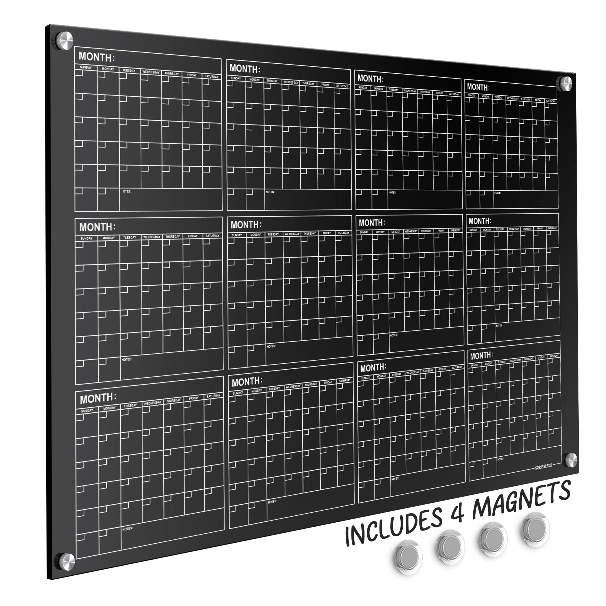 Tableau blanc magnétique en verre noir 86,4 x 116,8 cm - Calendrier annuel effaçable à sec pour mur, tableau blanc mensuel en verre pour la maison, le bureau - Grand mur 2025