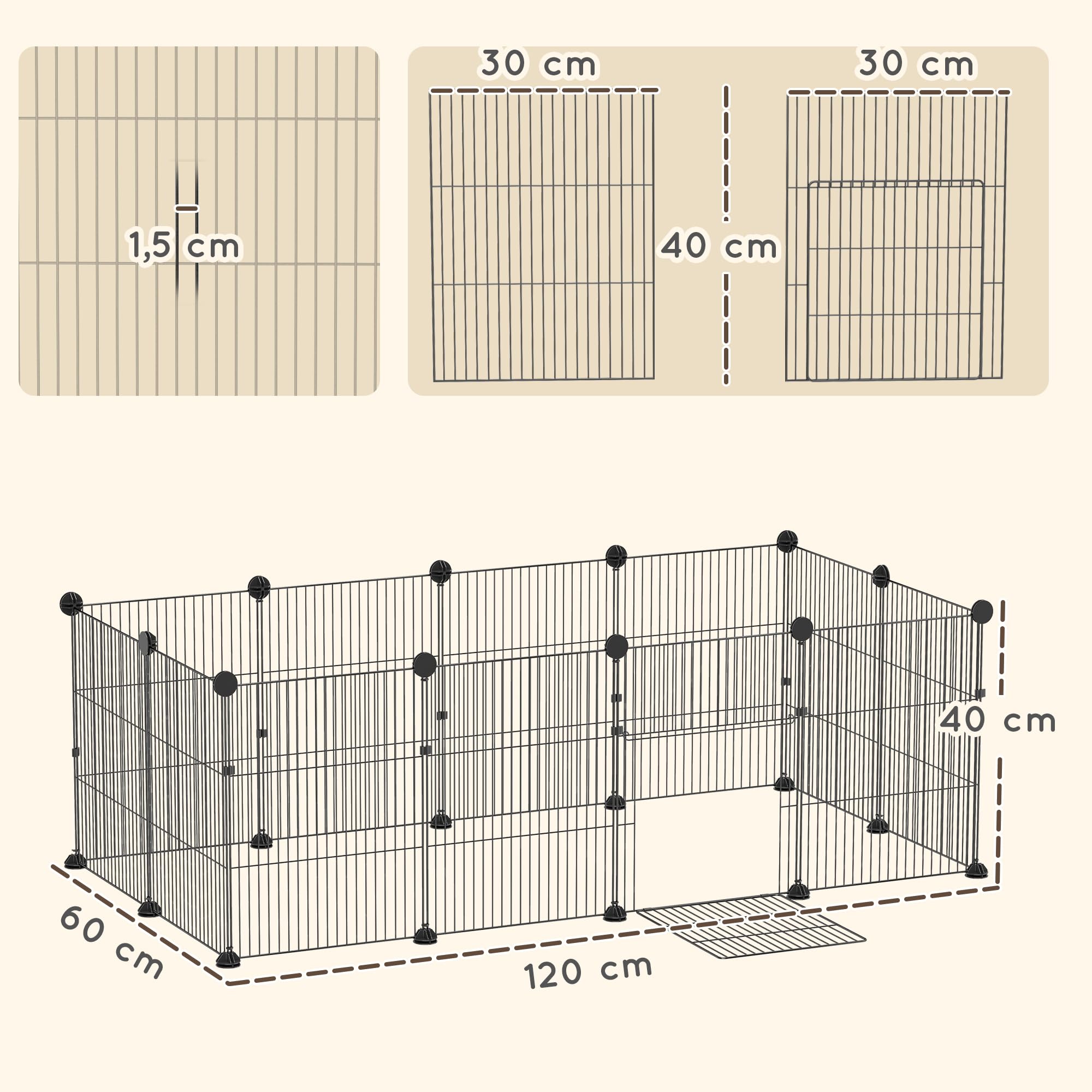 PawHut Valla Metálica para Mascotas de 12 Paneles, Jaula para Animales Pequeños, Forma Personalizable, Alfombrilla Impermeable, Parque para Cobayas, Erizos, 120x60x40 cm, Negro