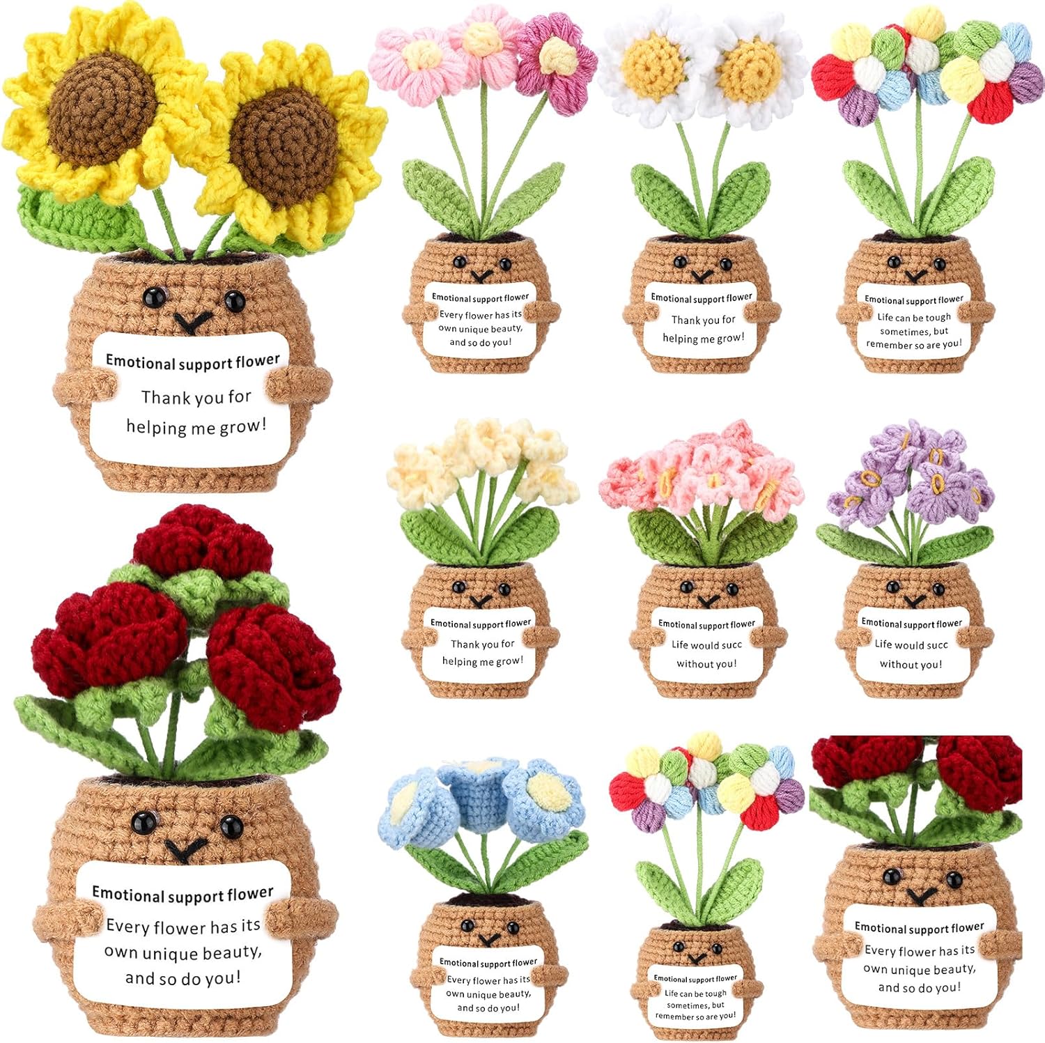 Suncalla 10 Pcs Valentine Crochet Flowers Appreciation Positive Gift Bulk Handmade Knitted Flowers with Positive Quotes for Employee Coworkers Teacher Gifts and Office Desk Decor(Multiple)