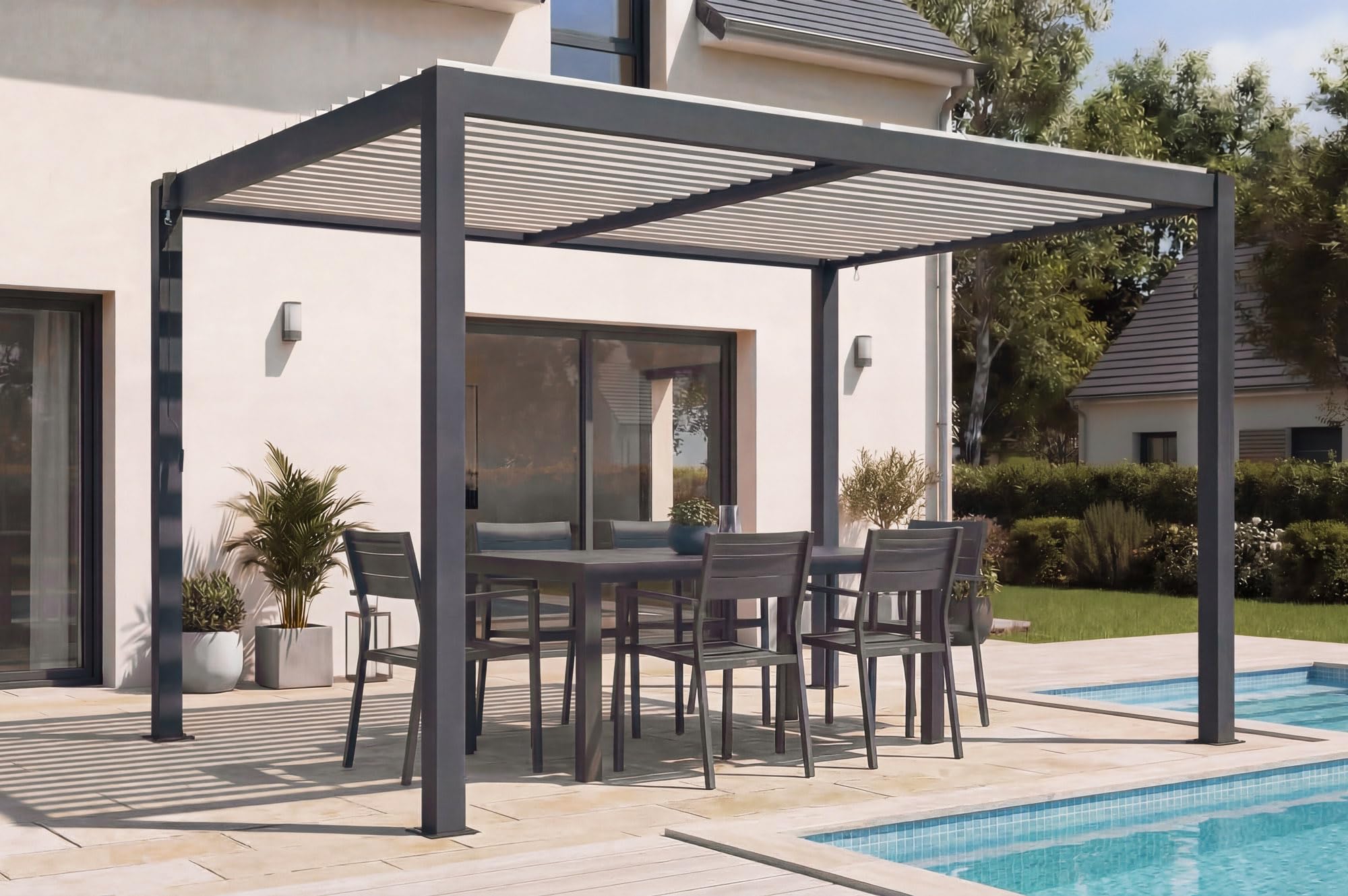 Cazeboo Pergola bioclimatica autoportante AGOSTA 4x3, altezza 250 cm - Alluminio grigio con doghe bianche