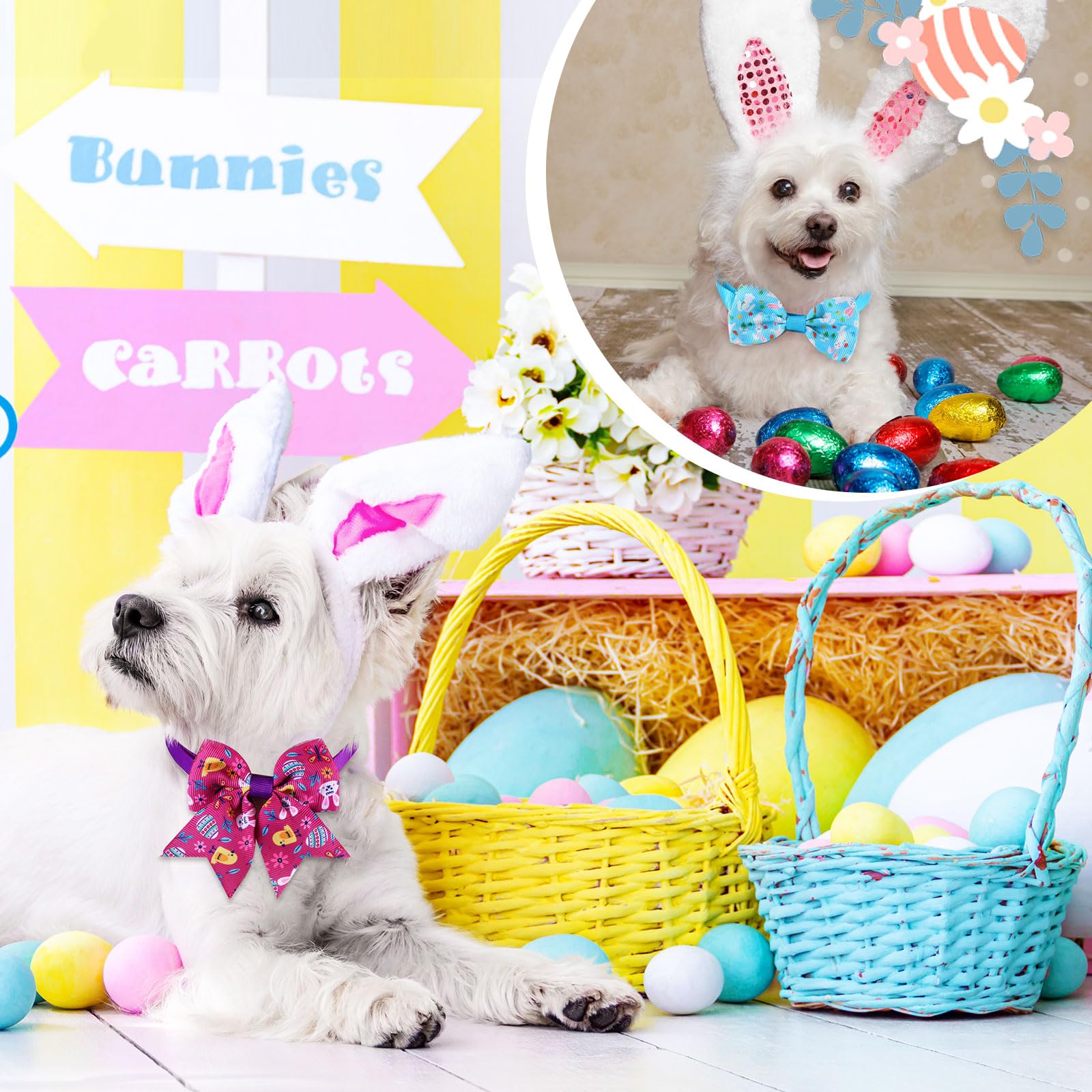 Aliceset 240 szt. Happy Easter regulowana obroża dla psa muszka zestaw kwiatów opaski na szyję dla zwierząt domowych pies kot akcesoria do pielęgnacji i festiwal zwierząt domowych przyjęcie świąteczne