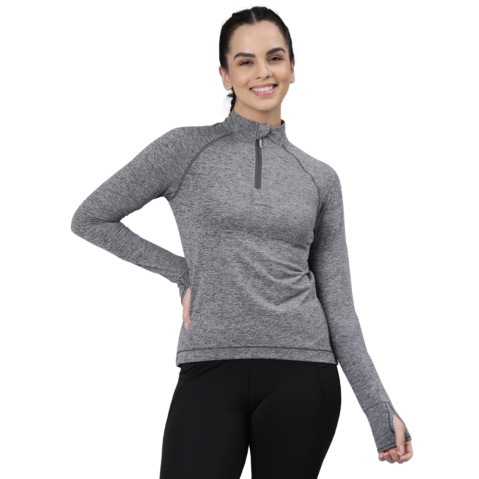 enamor A310 Quick Dry 4 Way Stretch Antimicrobial High Neck Full Sleeve with Thumbhole Slim Fit T-Shirt for Women-picture-17