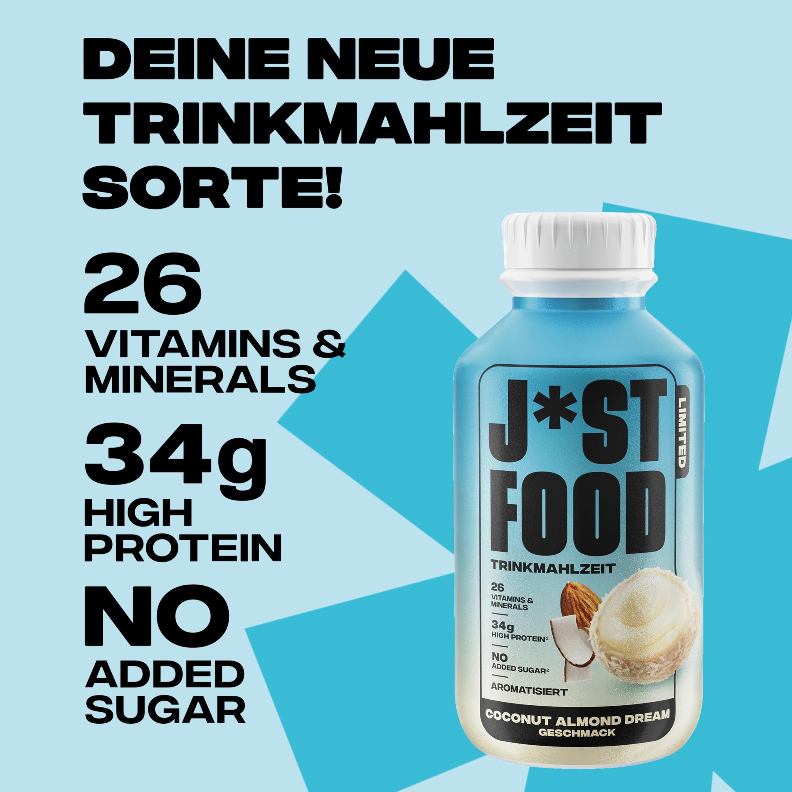 J*ST FOOD Coconut Almond Dream Trinkmahlzeit – 6×500ml – 34g Protein, 26 Vitamine & Mineralstoffe, Laktosefrei, Ohne Zuckerzusatz, Vollwertige Mahlzeit – Limited Edition
