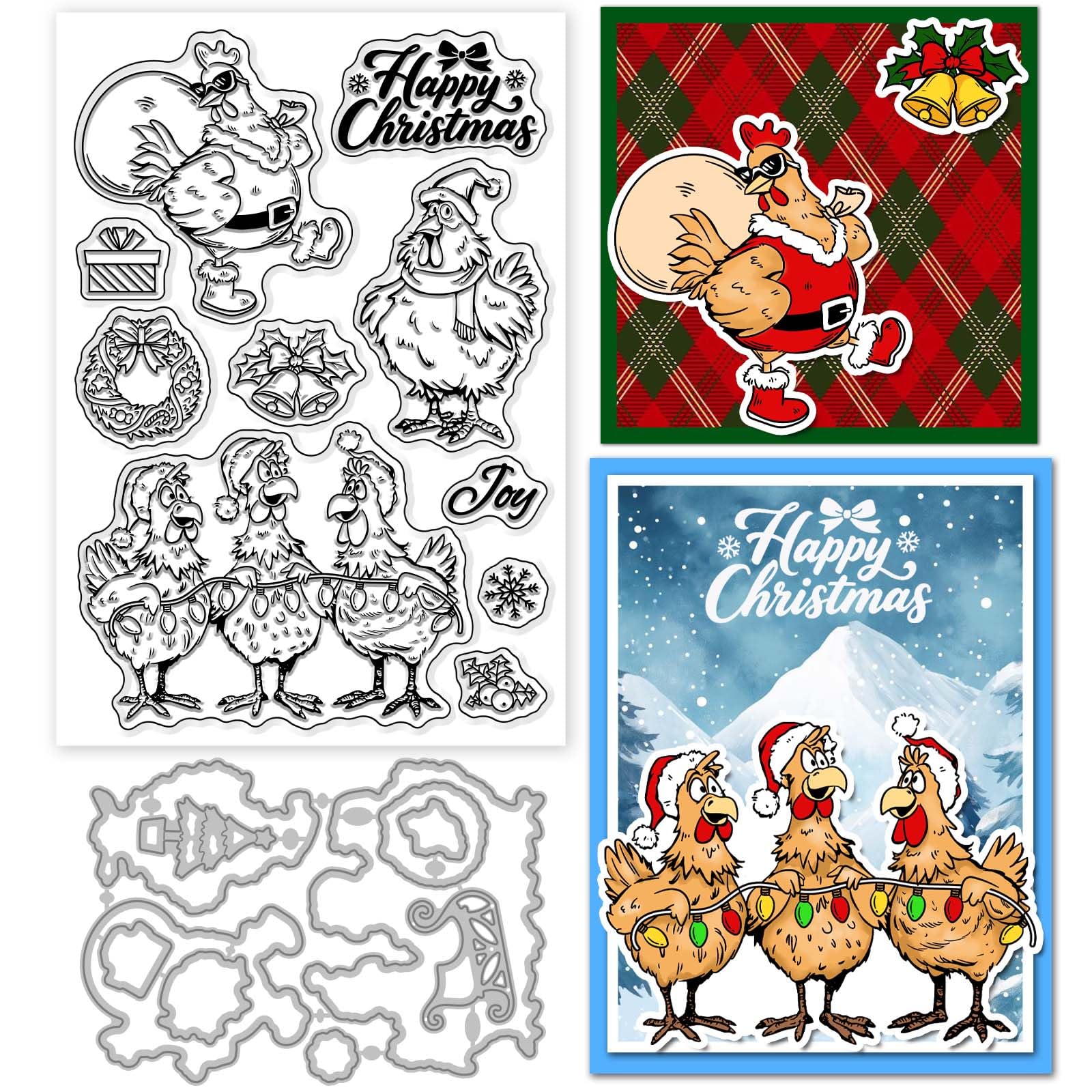 GLOBLELAND Christmas Cartoon Chicken Clear Stamps and Metal Die Cuts Funny Animals Transparent Stamp Happy Christmas Cutting Dies for Card Making Embossing Scrapbooking