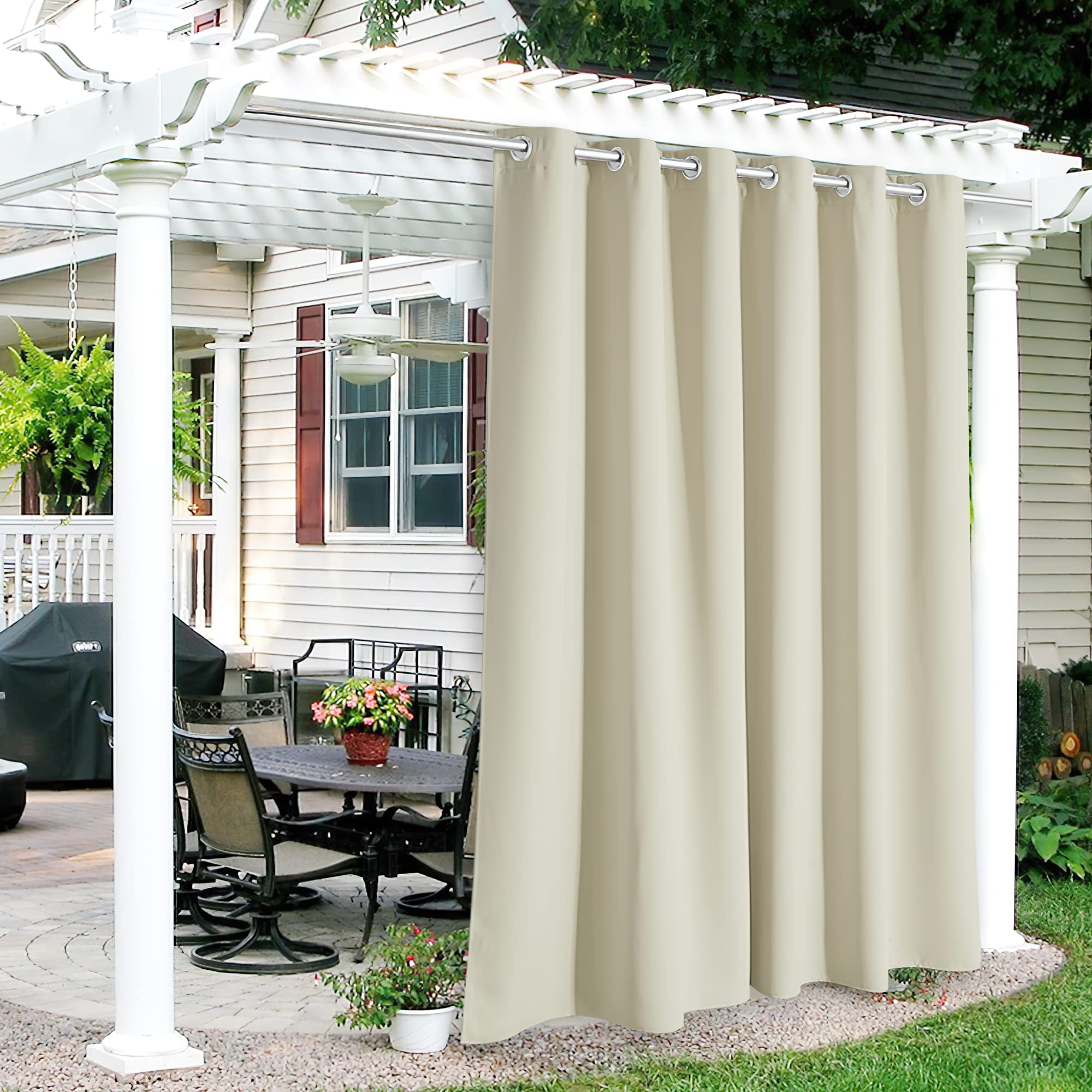 RYB HOME Outdoor Patio Curtains, Rustproof Grommet Window Covering Harsh Sunlight & UV Ray Block Drapes Room Darkening Draperies for Porch Deck Cottage, W84 x L84 inch, Beige, 1 PanelÂ…
