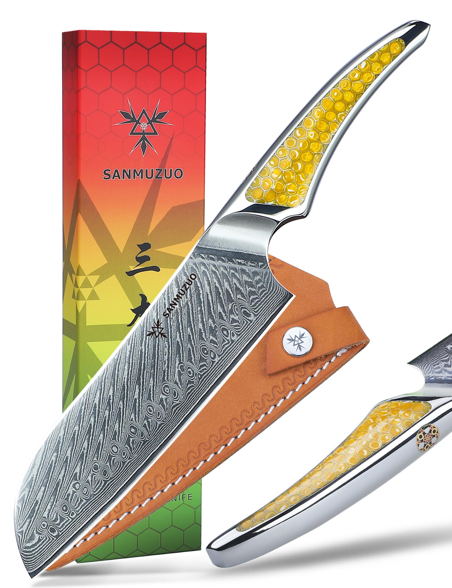 Couteau Santoku 18 CM, couteau de chef japonais en acier Damas VG-10, couteau de cuisine ultra tranchant avec manche pleine soie en résine Jaune, série LA-S9