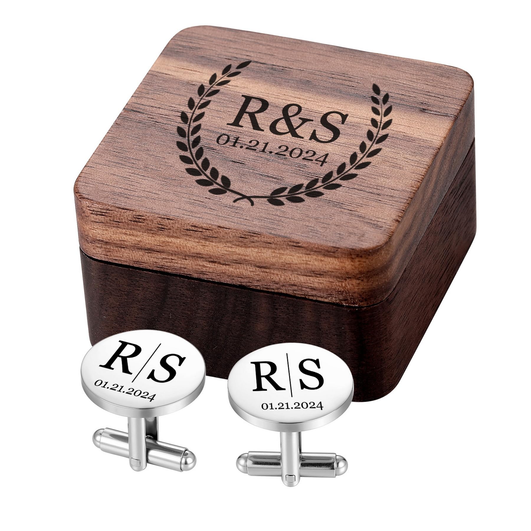 MeMeDIY Gemelli e Fermacravatta Personalizzati con Scatola di Legno Incisa con Nome Testo Iniziale Data Gemelli da Matrimonio per Polsini Camicia Regalo per Uomo/Sposo/Papà