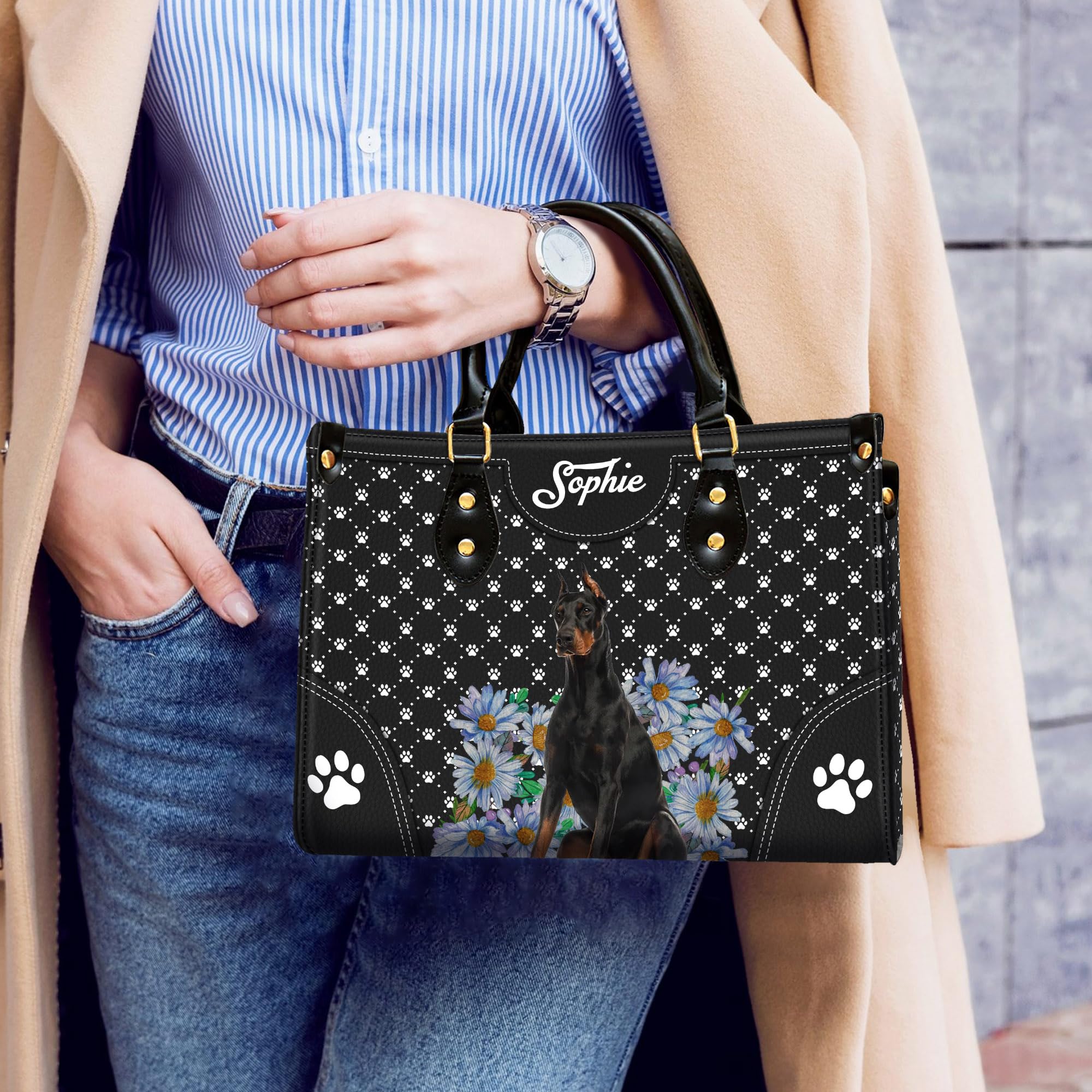 Personalized Doberman Pinscher Dog Handbags, Custom Name Dog Leather Bags, Purses, Shoulder Bag, Gift For Dog Mom Dog Lover Black
