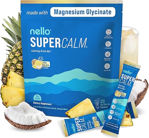 Miniatura 125 de Nello Supercalm - Mezcla de bebida en polvo, limonada de frambuesa, L teanina, Ksm-66 Ashwagandha, glicinato de magnesio, vitamina D 3, suplementos
