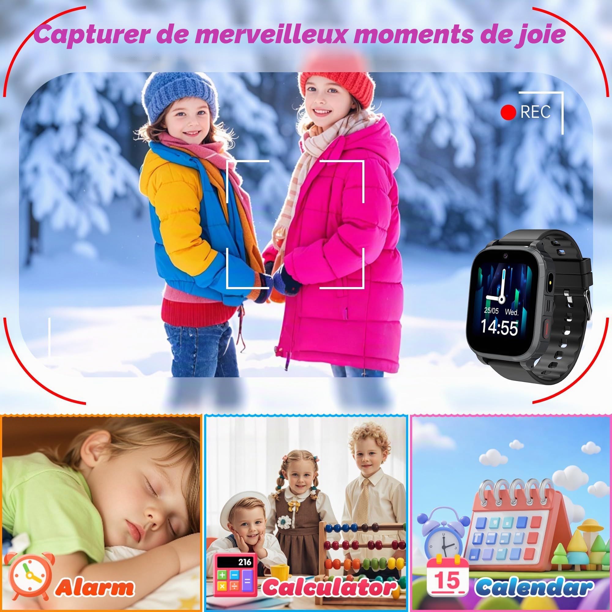 Montre Connectée Enfant 4G GPS, Appel Vidéo, Chat Vocal, SOS | localisation en temps réel, téléphone, chat familial, réveil, appareil, ip68, mode classe, jeux, cadeau filles garçons
