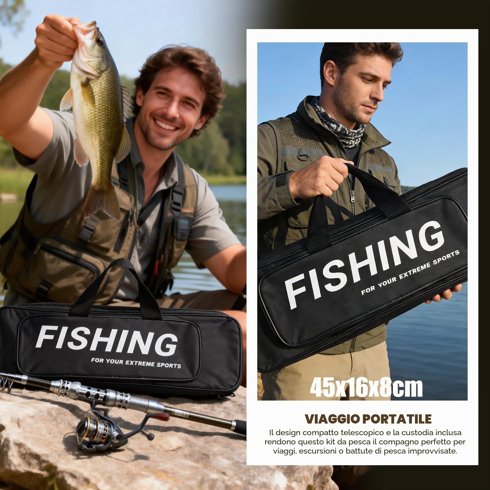 Raxfekro Canna da pesca telescopica da 1,8 m, in fibra di carbonio, con mulinello, set combinato per acqua salata e acqua dolce, con set di esche, filo in nylon da 100 m, pinze da pesca e borsa per il