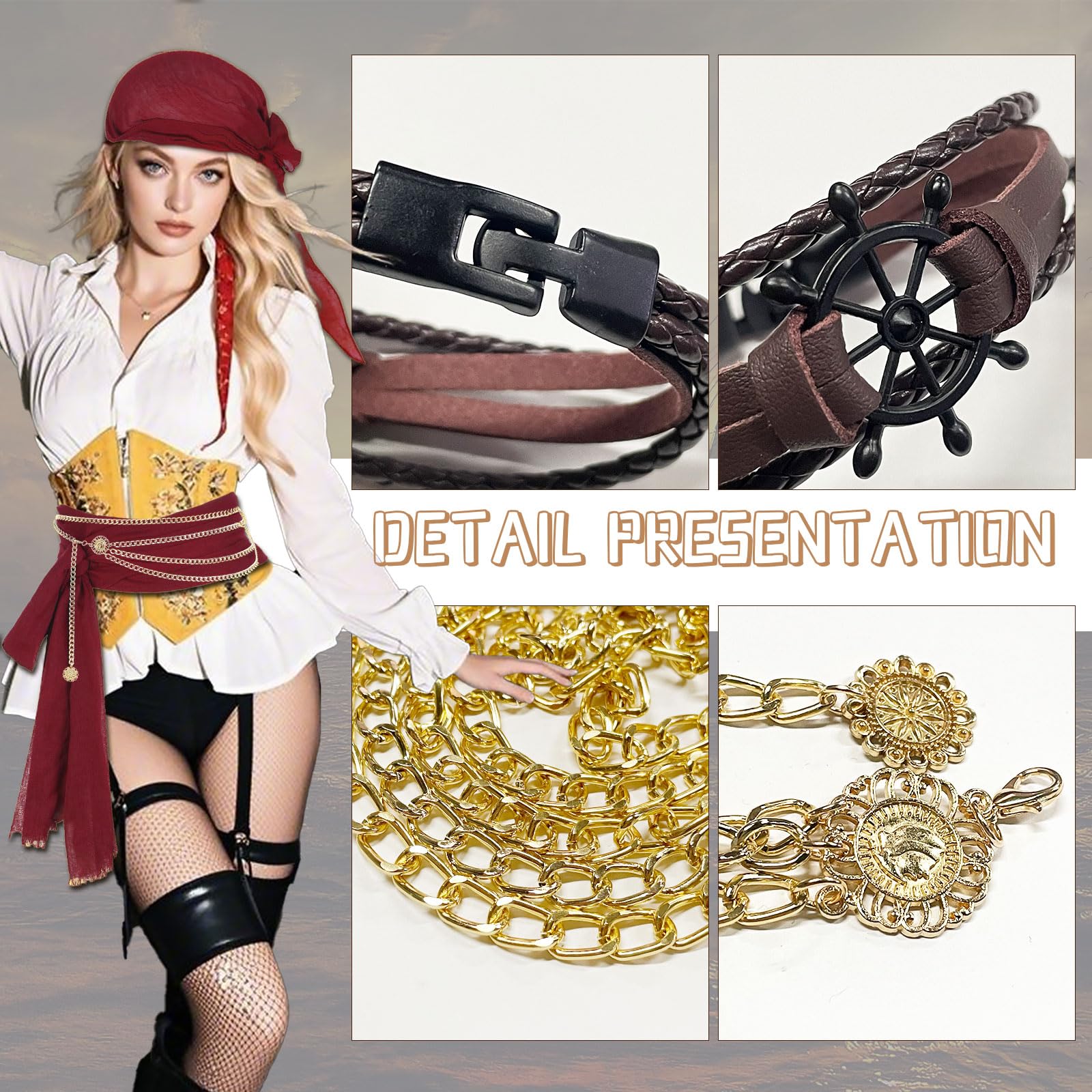 TUONYIS 4 Pcs Pirate Costume Accessories Set, Medieval Women Pirate Fancy Dress Accessories, Bandana and Sash Belt, Bracelet - Image 3