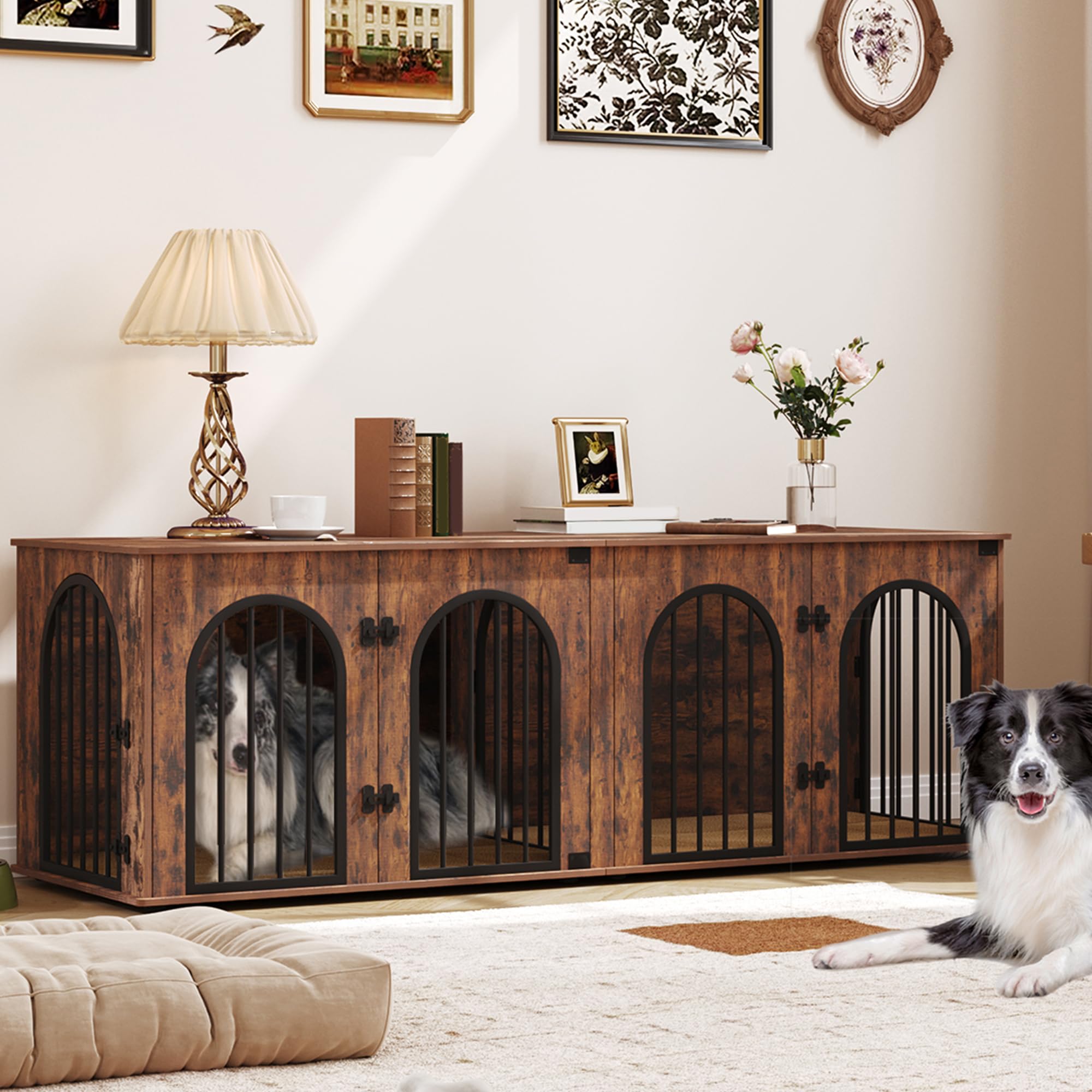 Hzuaneri Jaula para Perros Doble de Madera, Mueble Jaula con Divisor y Cojines para 2 Perros Medianos y Grandes, Mesa para Perros Estilo Mueble TV 180cm, Jaula Decorativa, Marrón Rústico DFC91901B