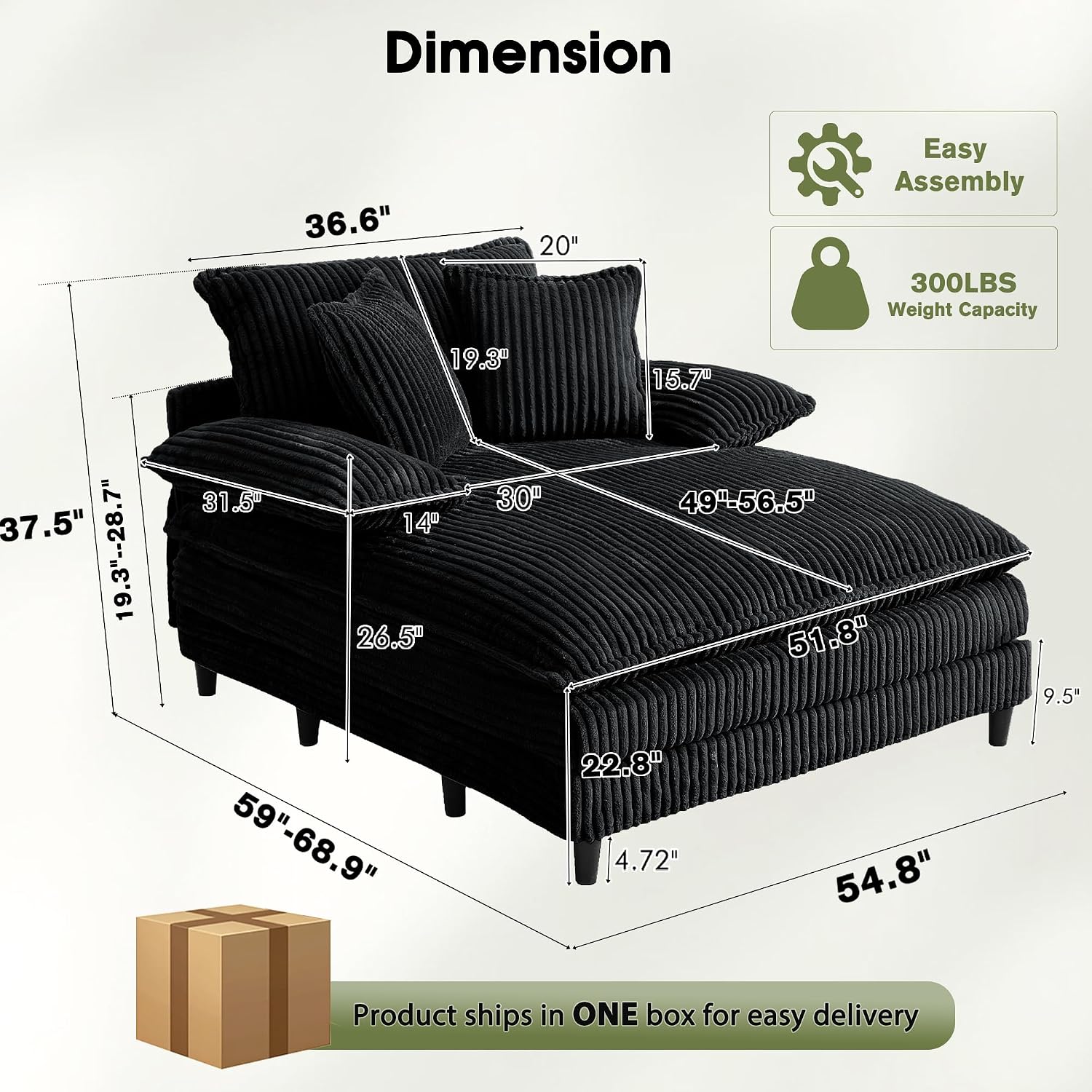 WESTSETLUX 55" Oversized Chaise Lounge 5-Position Adjustable Backrest Corduroy Sofa Bed Black