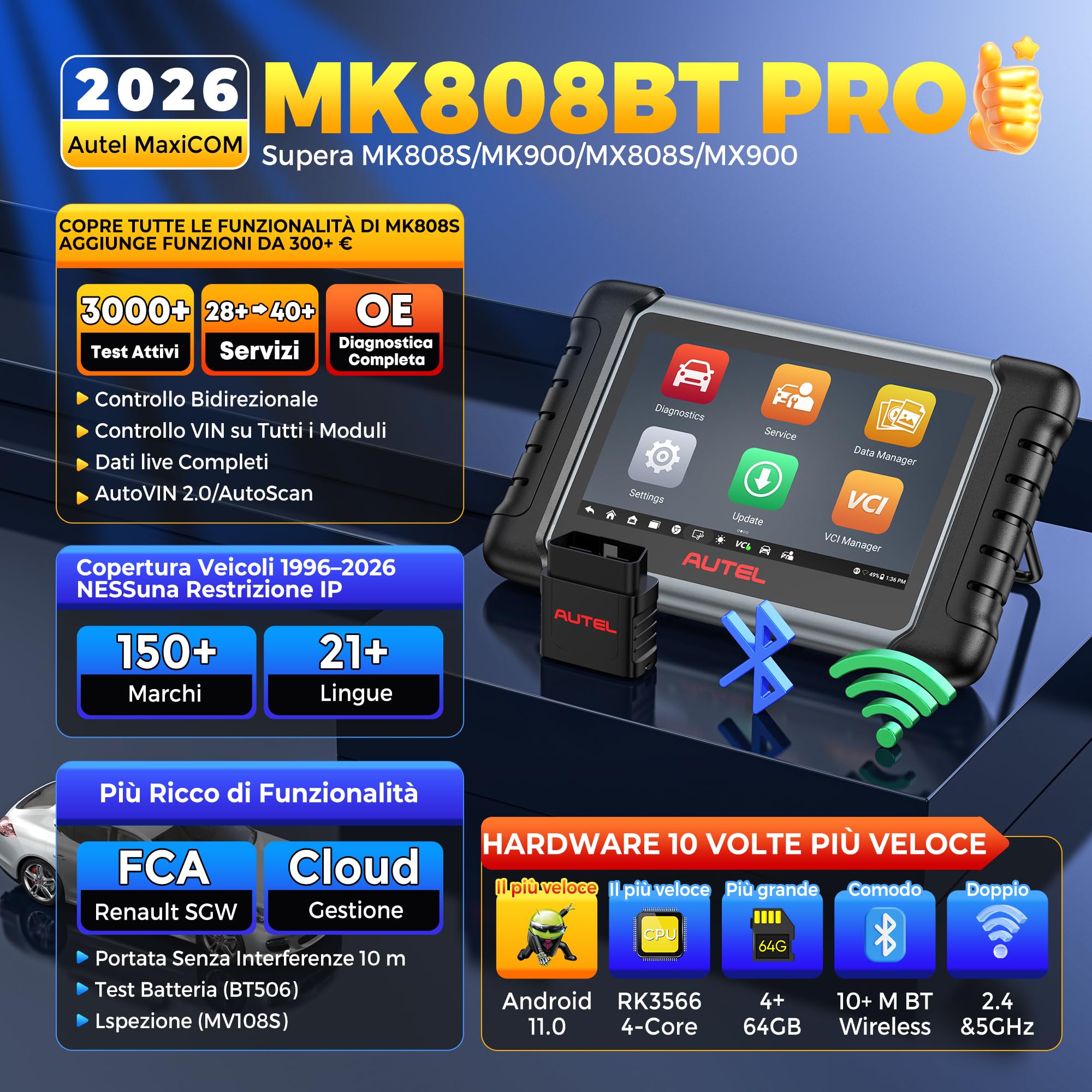 Autel MaxiCOM MK808BT PRO: 2026 Strumento Diagnostico Bidirezionale per Auto, Evoluzione di MK808S, MX808S, MK900 e MX900. Funzionalità pari al MK900BT, 3000+ Test, 28+ Servizi e Sistema Completo