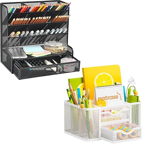 Marbrasse Organizador de escritorio de malla con cajón + organizador de bolígrafos de malla con 2 cajones