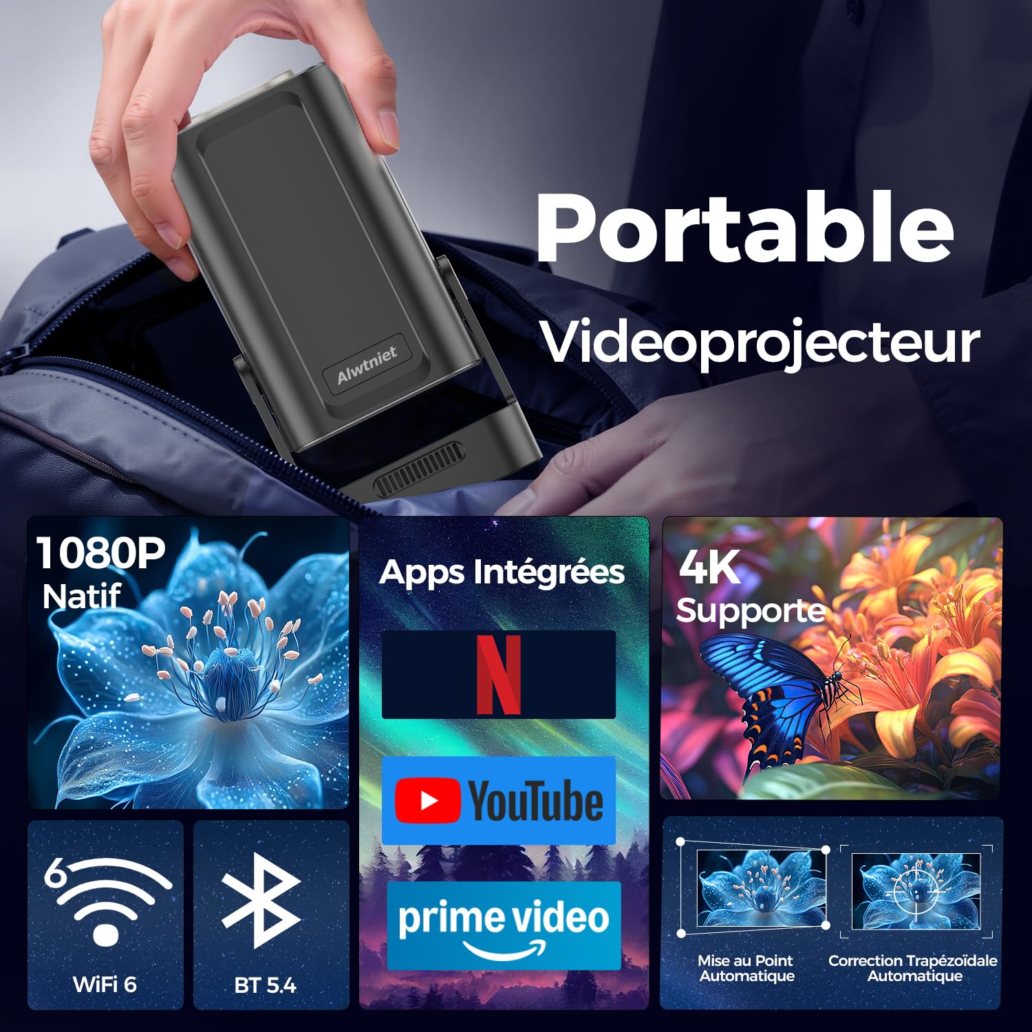 Alwtniet Videoprojecteur 4K, 1080P Mini Projecteur Video Android WiFi 6 BT 5.4, Mise au Point Automatique Correction Trapézoïdale Rotation 180° Retroprojecteur Compatibile avec HDMI/TV Stick, HY310