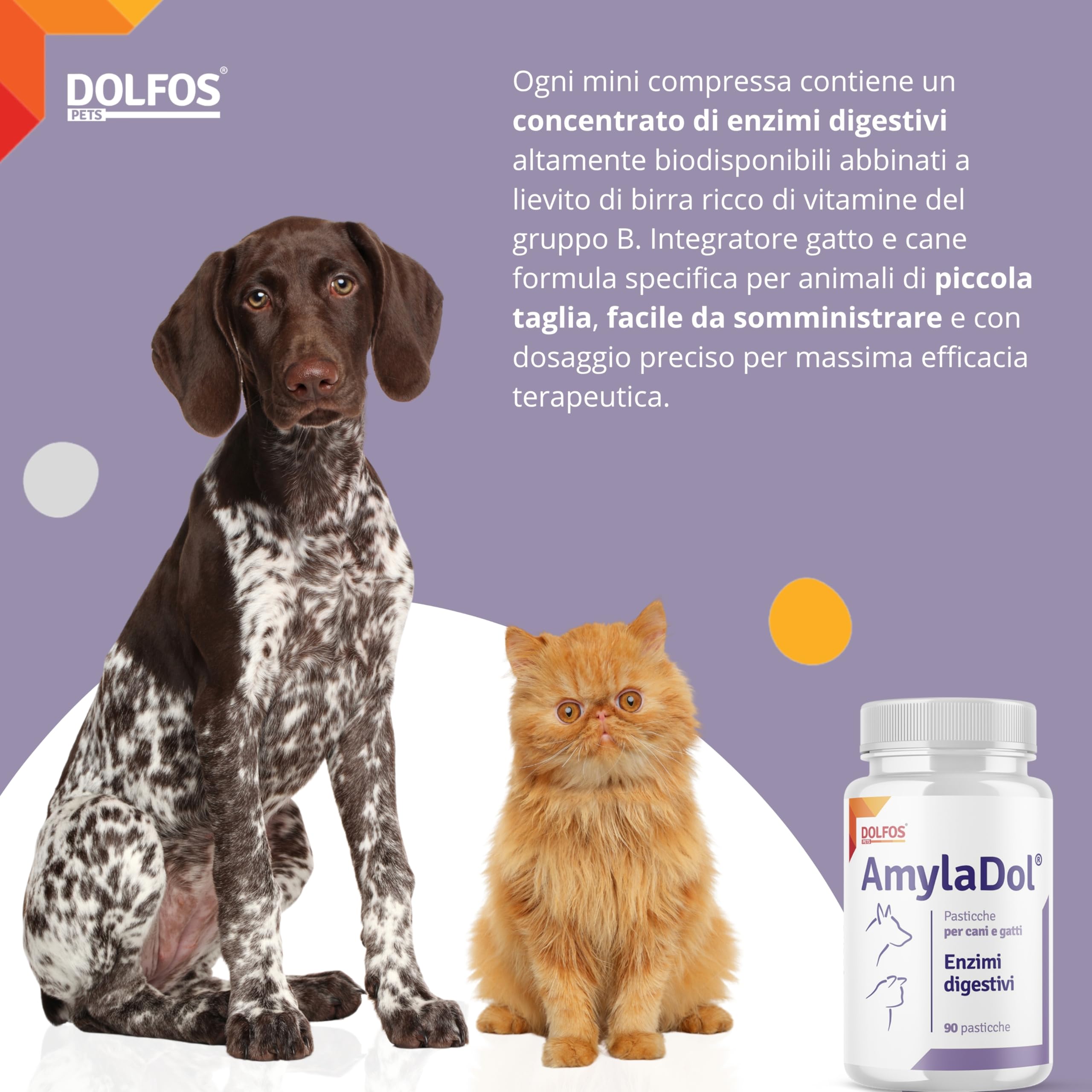 Pets Dolfos AmylaDol 90 Compresse Enzimi digestivi Naturali: Amilasi, Lipasi e Proteasi. Alimento complementare dietetico in Caso di disturbi digestivi dei Cani e dei Gatti