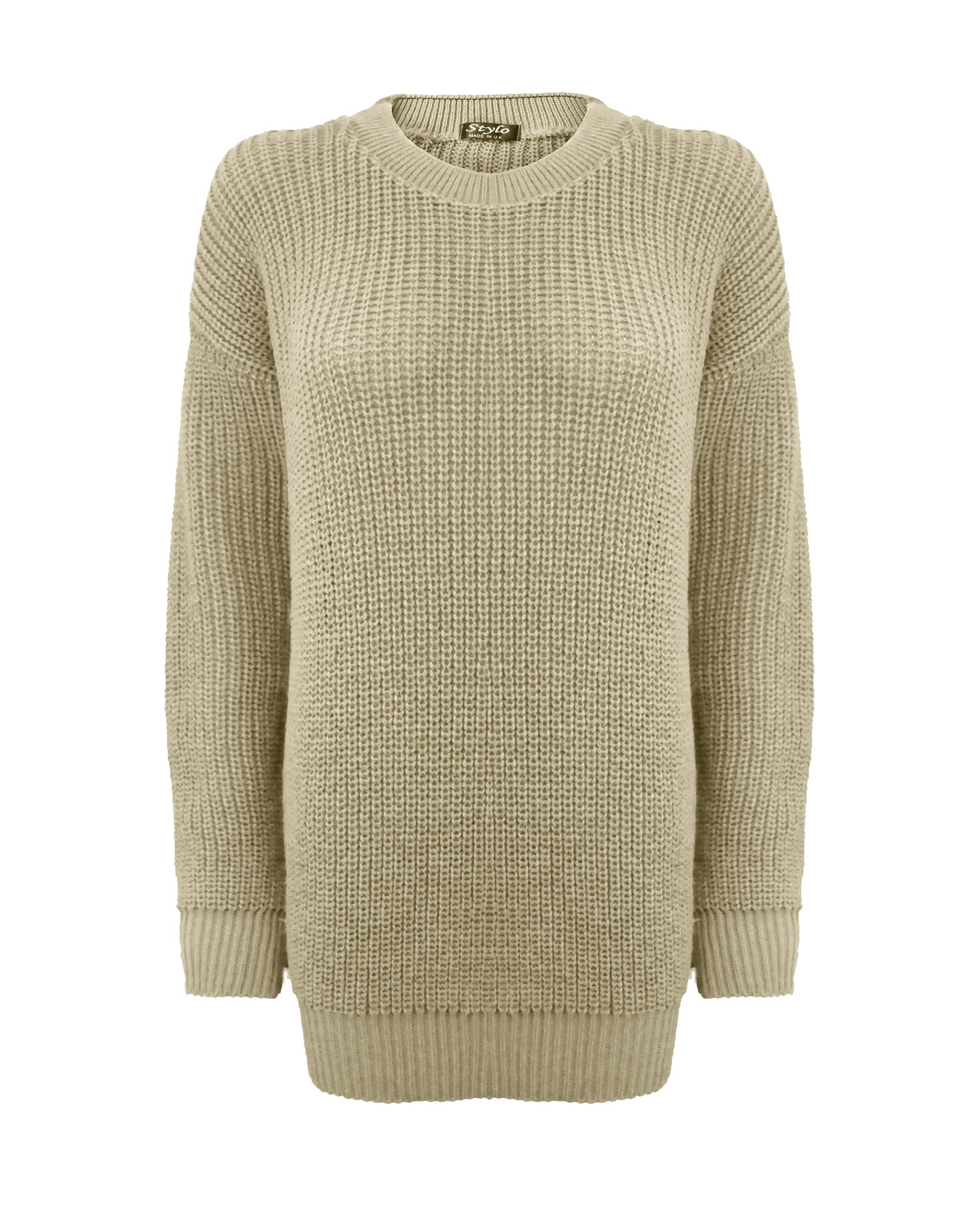 Ladies Women Knitted Long Sleeves Crew Neck Over Sized Baggy Jumper Chunky Knit Sweater Top Long Sleeves[Stone,SM]