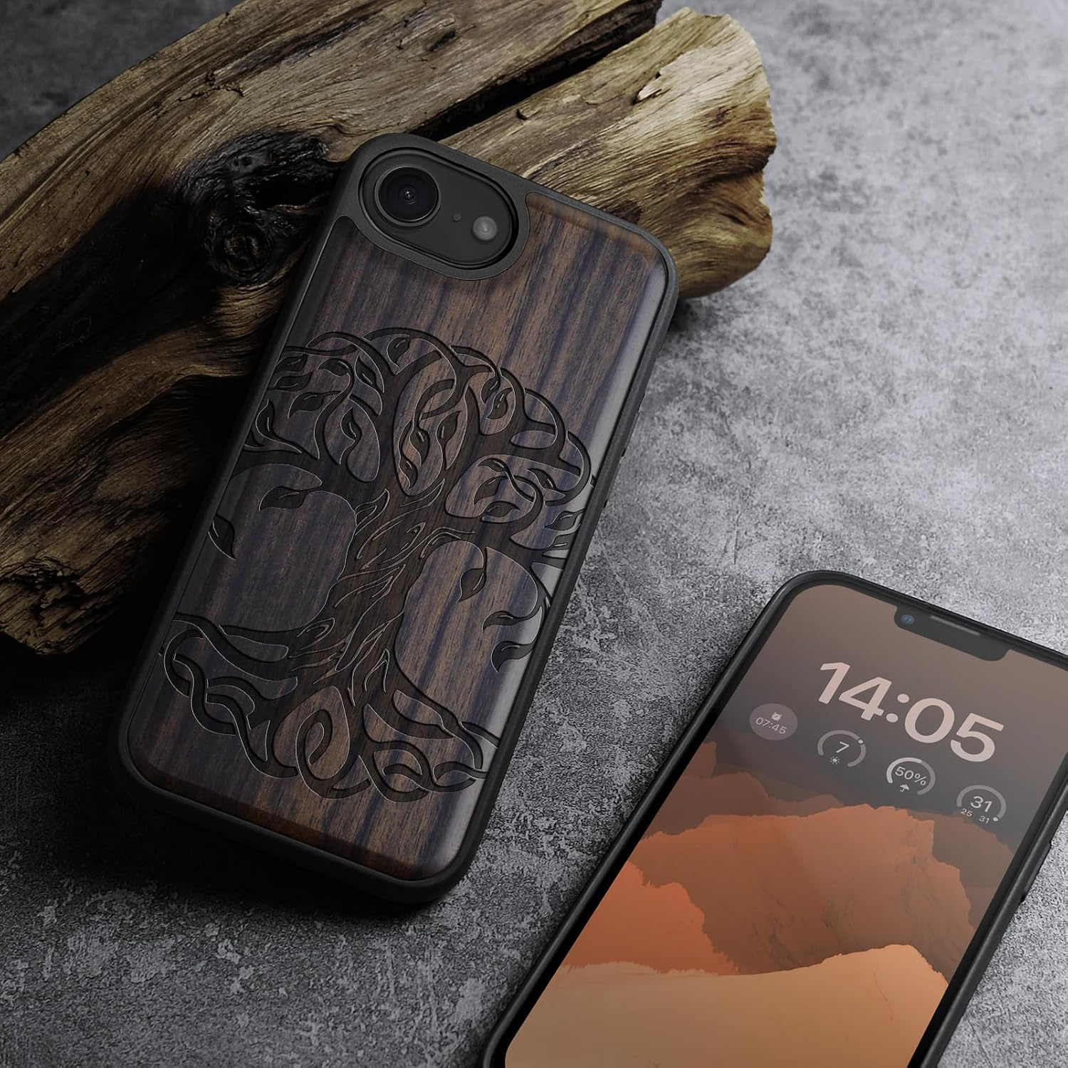 Carveit Magnetic Wooden Case for iPhone 16e / 17e, Solid Wood & TPU, Artisan Engraved Design, Shockproof Cover, Compatible with MagSafe Wireless Chargers, The Celtic Tree of Life - Blackwood