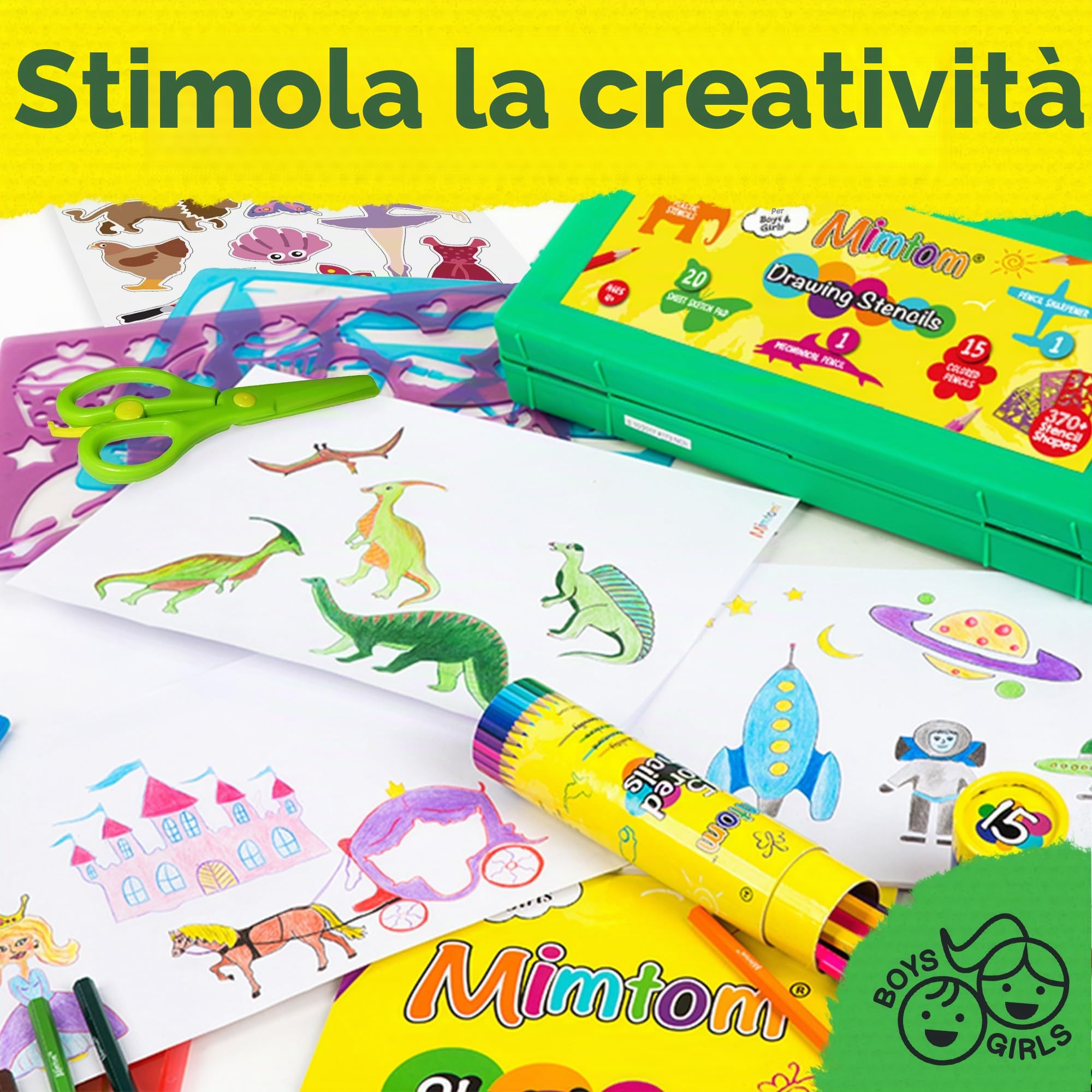 Stencil per Bambini | Set da Disegno con Stencil 58 PZ con più di 370 Forme per Sviluppo creatività | Giocattolo educativo Sicuro per Bimbi e Bimbe +3 Anni – Ottima Idea Regalo