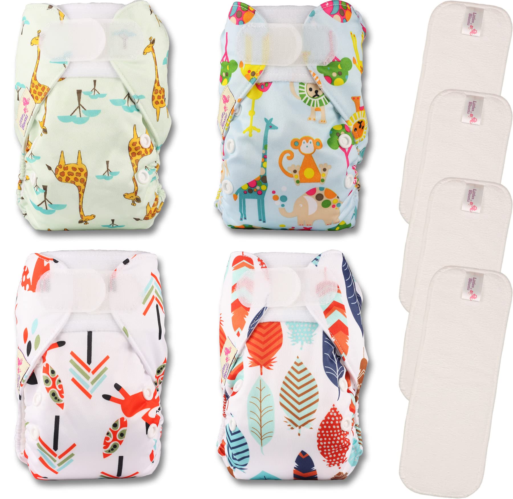 Littles & Bloomz Wiederverwendbare Windeln für Neugeborene und Frühgeborene, 4 Windeln, 4 Mikrofaser-Einsätze, NB-403MF4
