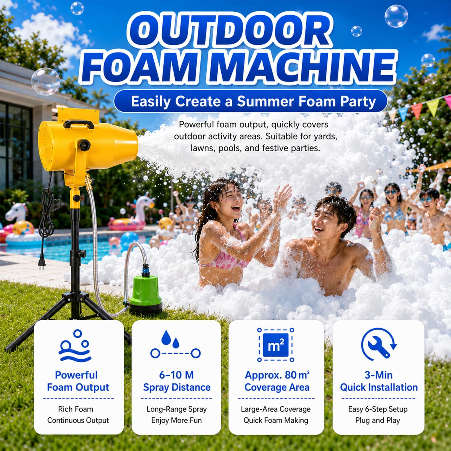 Schaummaschine, Party Schaumkanone, 6–10 M Sprühweite, 80 M² Abdeckfläche, Mit Ausziehbarem Ständer, Für Hinterhof-Poolpartys, Sommerlager-Partys Und Geburtstagsfeiern