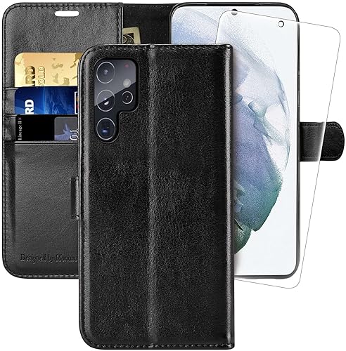 MONASAY Funda tipo cartera compatible con Galaxy S22 Ultra 5G de 6.8 pulgadas protector de pantalla incluido bloqueo RFID Funda de piel con
