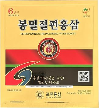 Pocheon 300g10.6oz 6Years Sliced Korean Panax Red Ginseng Roots with Honey, Saponin