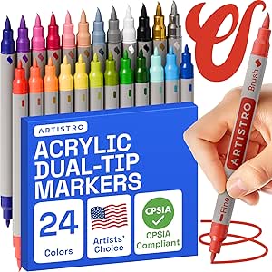 ARTISTRO Acrylic Paint Pens, Dual Tip Brush + Fine, 24 Multicolor Acrylic Markers for Fabric, Canvas, Rock, Glass, Wood, Paper, DIY