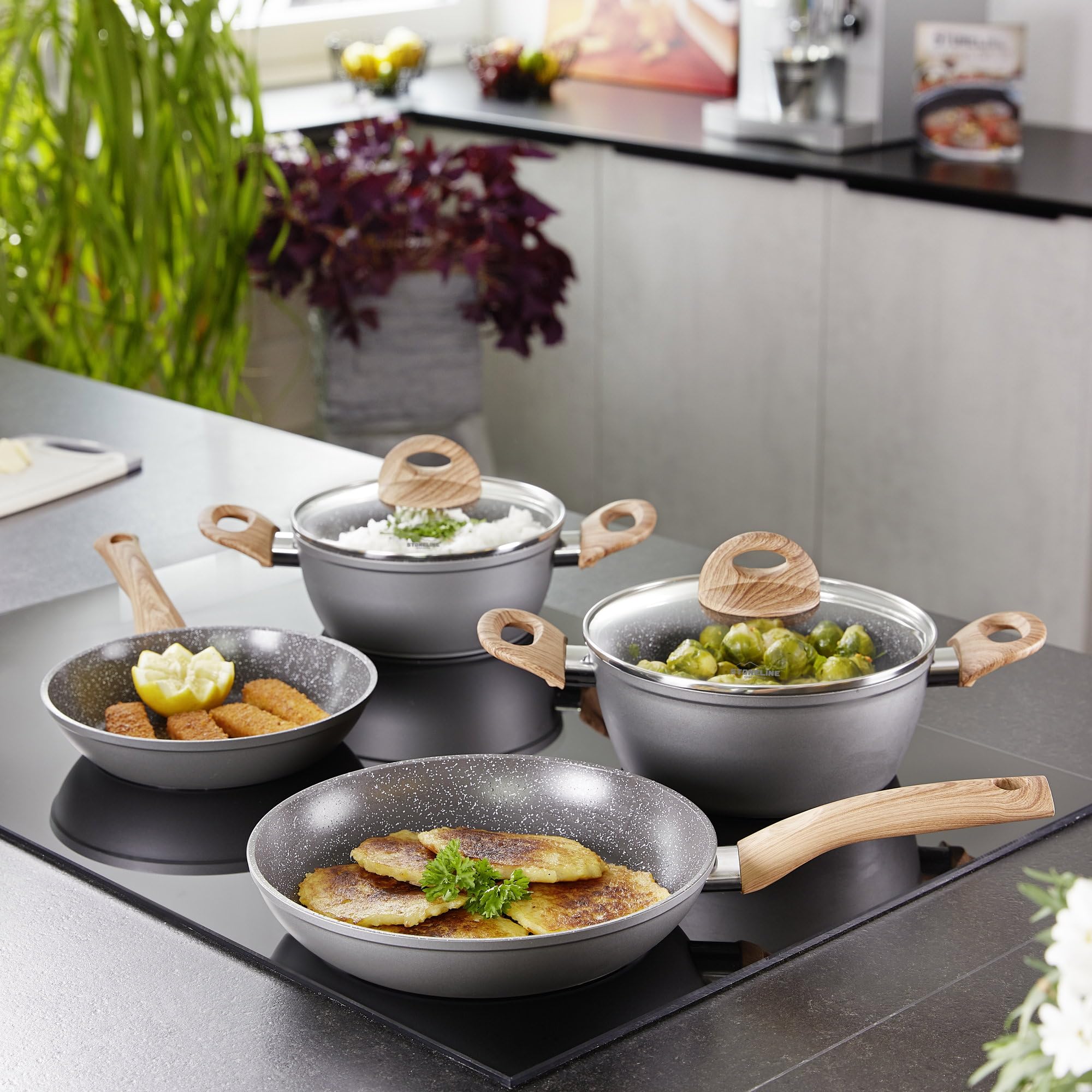 STONELINE Back To Nature Batterie de Cuisine Céramique, Set de 14 pcs, Poêles, Casseroles, Couvercles et Ustensiles de Cuisine, Revêtement Antiadhésif avec de Vraies Particules de Pierre, Motif Bois