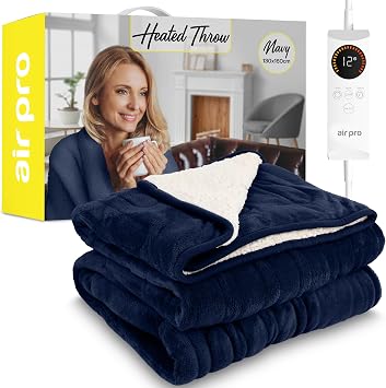 Air Pro Heated Throw - Electric Blanket - Digital Controller - Timer up to 9 hours, 6 Heat Settings, Auto Shutoff - Machine Washable - Single 130x160cm - Navy Shearling