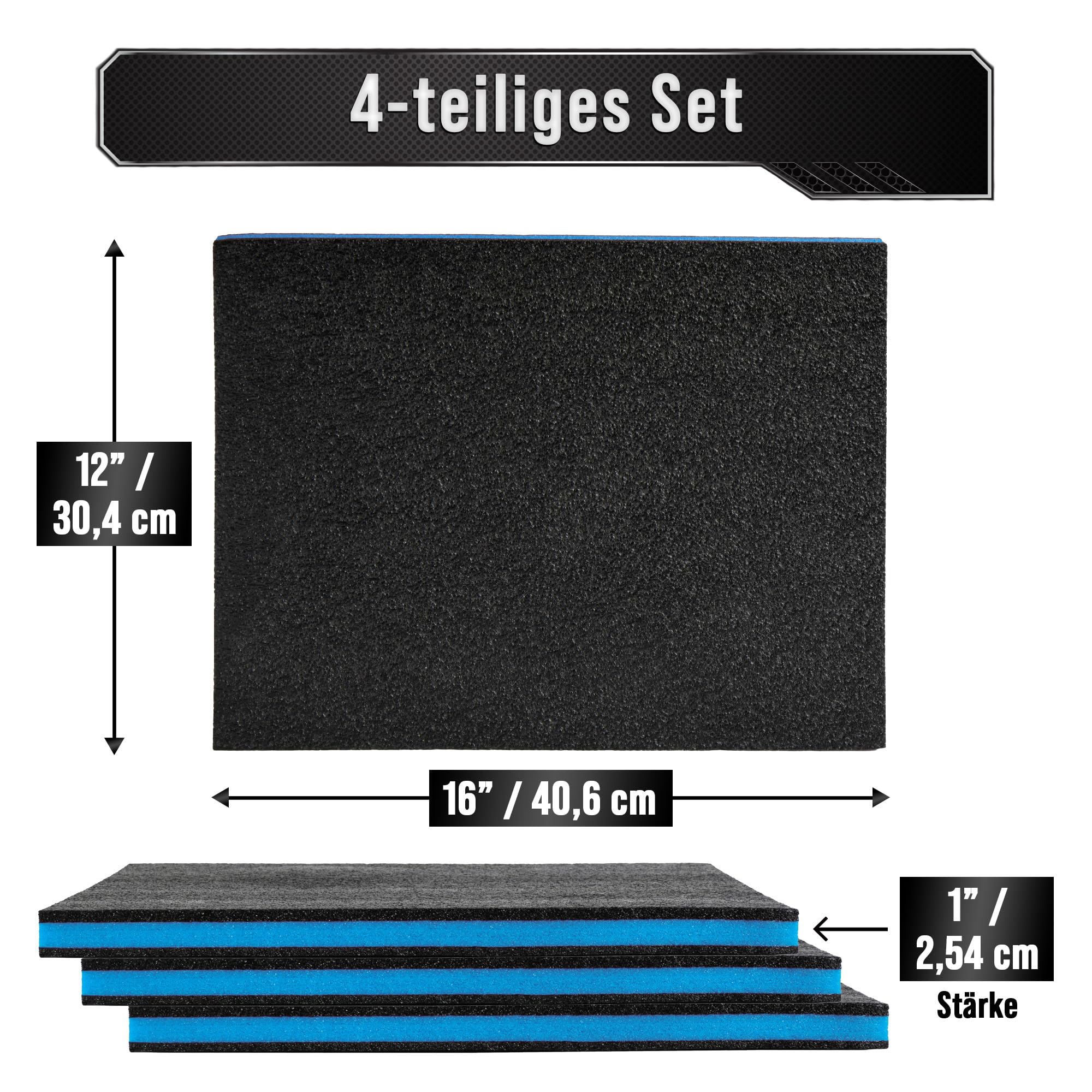 Precision Defined Werkzeugkisten-Schaumstoff - Einsätze für Koffer, Shadow-Schaumstoff, Werkzeug-Schaumstoffs, Polyethylenschaumstoffs - Schwarz/Blau (40,6 x 30,4 x 2,54 cm, 4er-Pack)