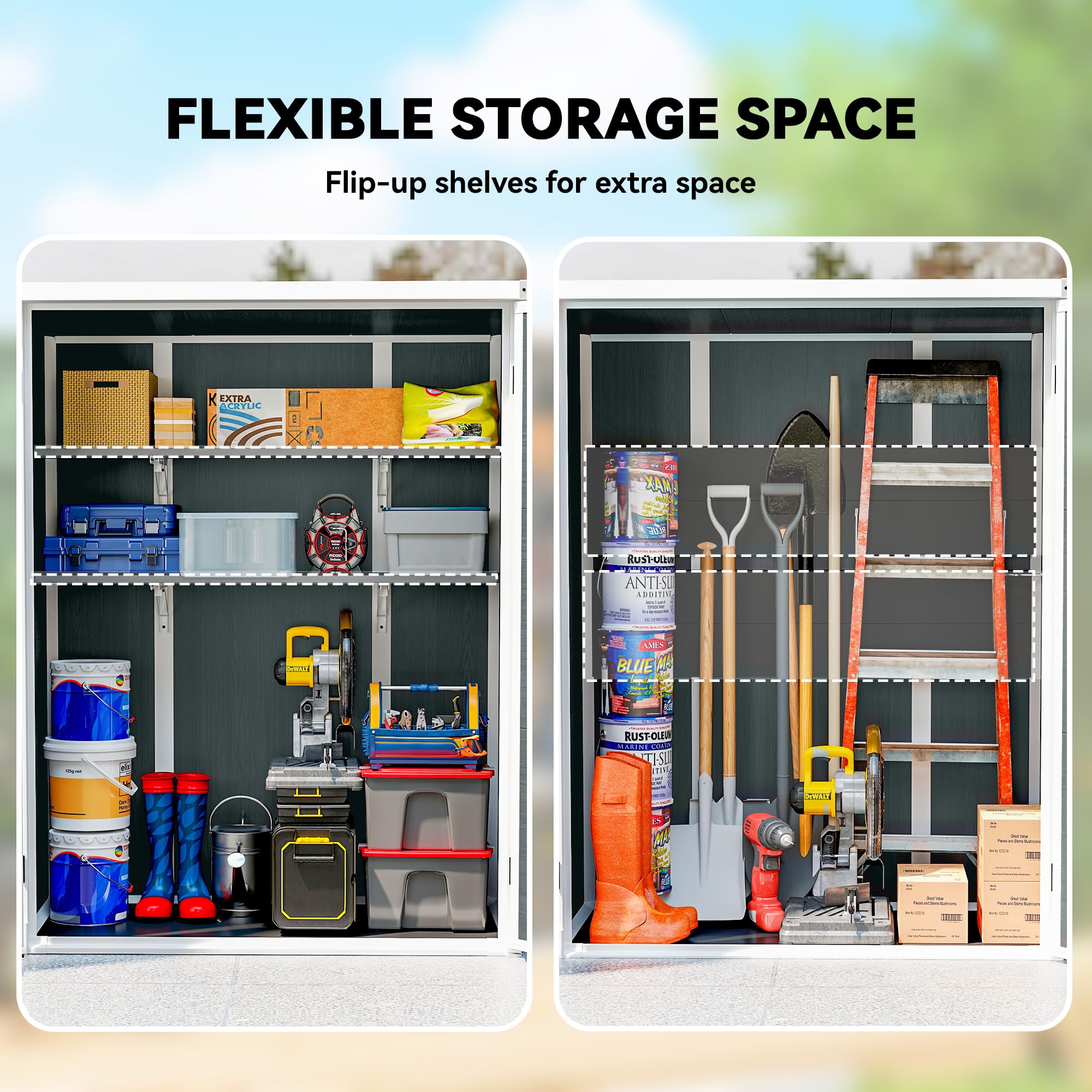 Outsunny 4.4' x 2.3' Plastic Garden Shed, Wood-Effect Outdoor Storage Shed with Floor, 2 Foldable Shelves and Lockable Double Doors for Backyard, Patio, Distressed Grey — view 3