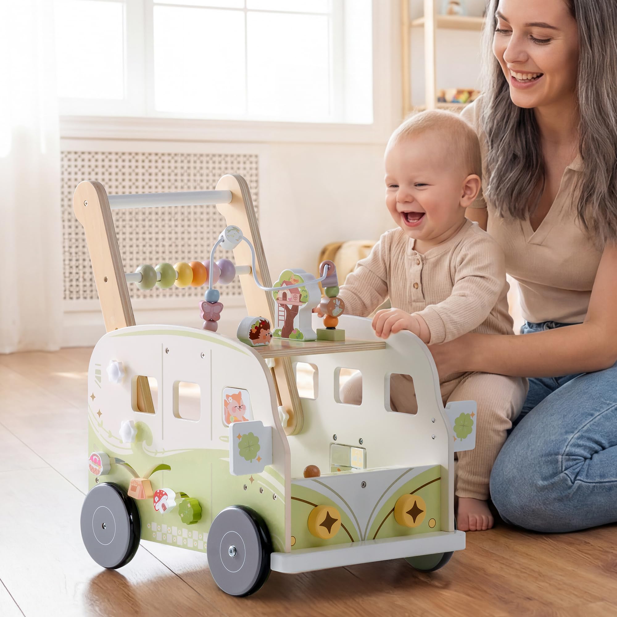 ROBOTIME Poussette d'apprentissage en bois multifonctionnelle avec réglage de la hauteur et contrôle de la vitesse, cadeau pour les tout-petits de 10 à 36 mois (animaux de la jungle vert)